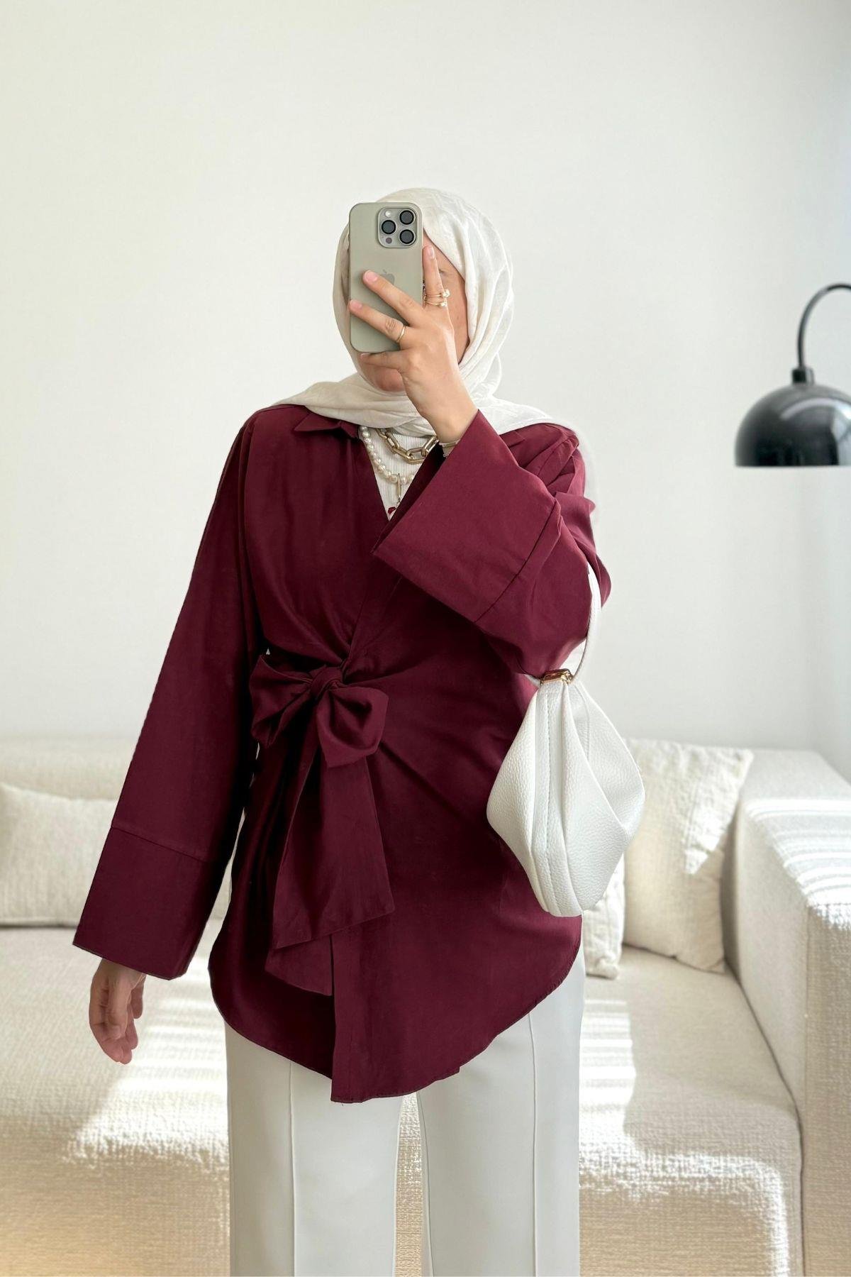 BORDO YANDAN BAĞLAMA DETAYLI KİMONO