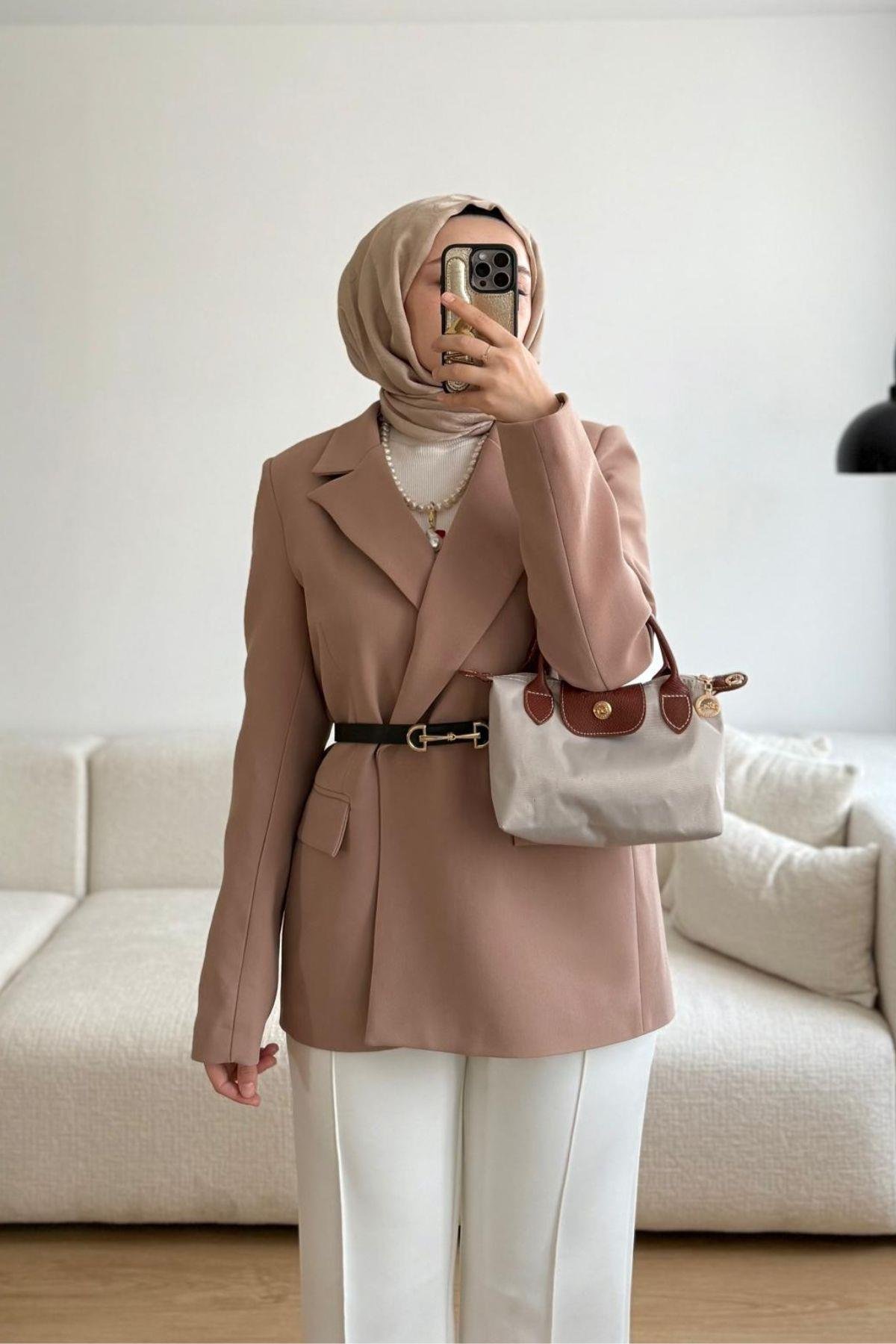 CAMEL KOLU KATLAMA DETAYLI CEKET