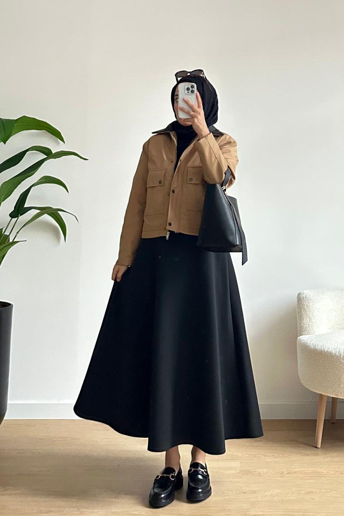 CAMEL YAKASI DERİ DETAYLI KISA MONT