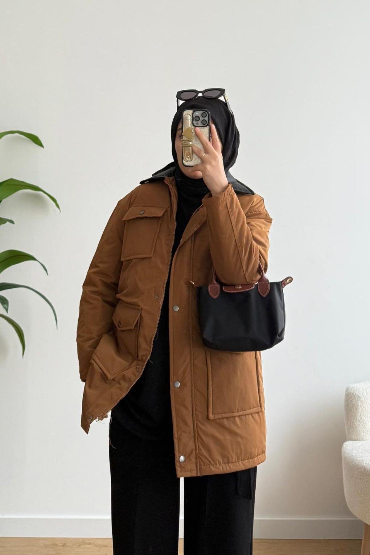 CAMEL YAKASI DERİ DETAYLI MONT