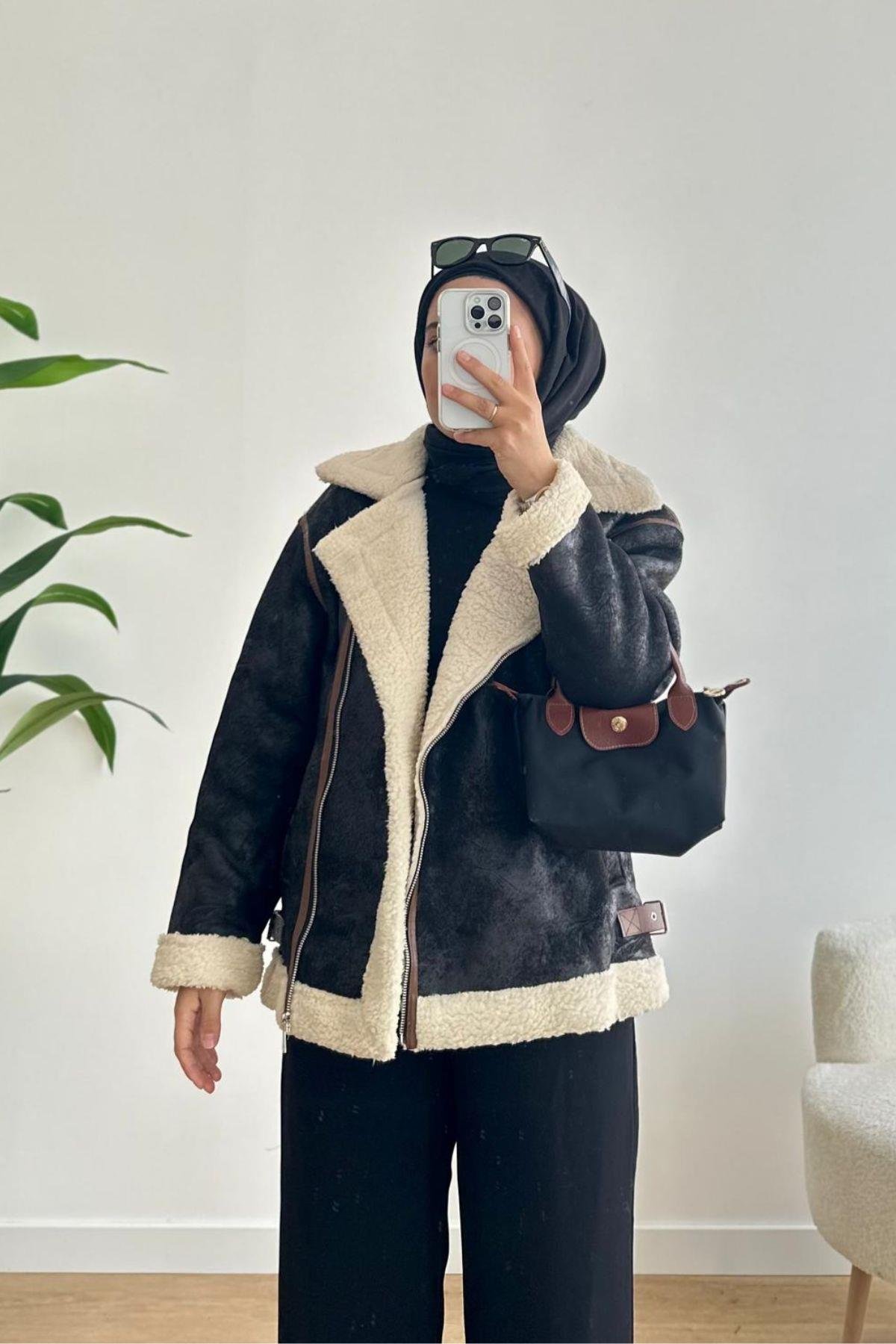 FERMUARLI SİYAH İÇİ KÜRK NUBUK MONT