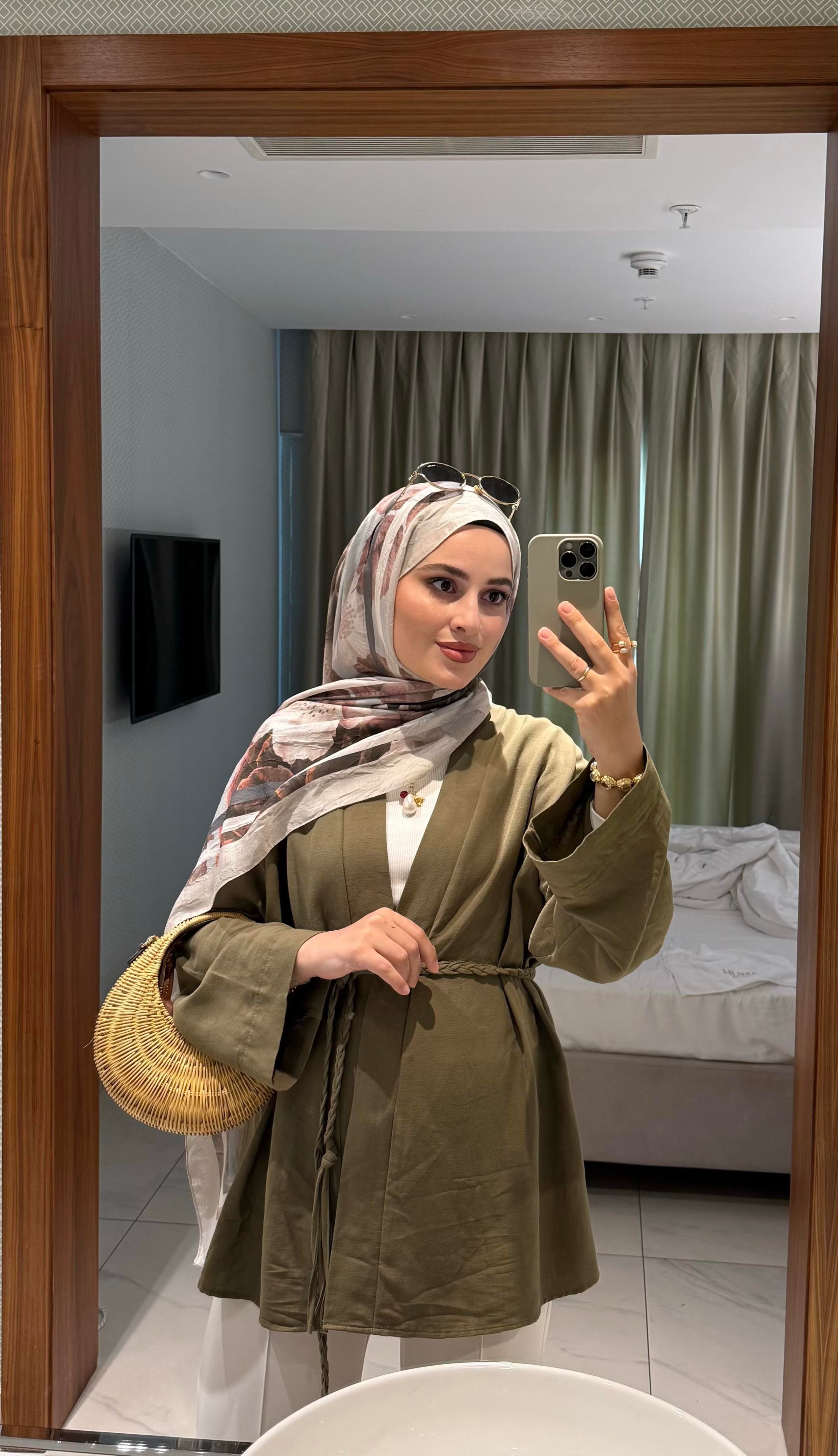 HAKİ ÖRGÜ KEMERLİ KİMONA