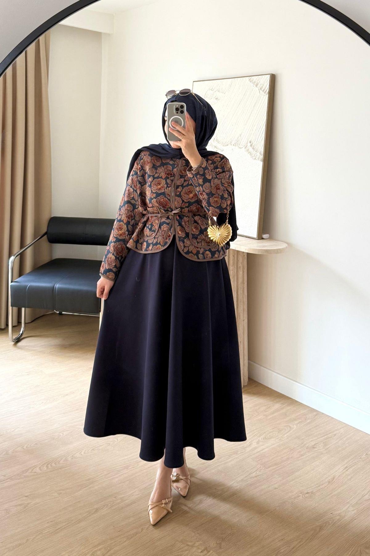 İNDİGO KİREMİT ÇİÇEKLİ KUŞAKLI  CEKET