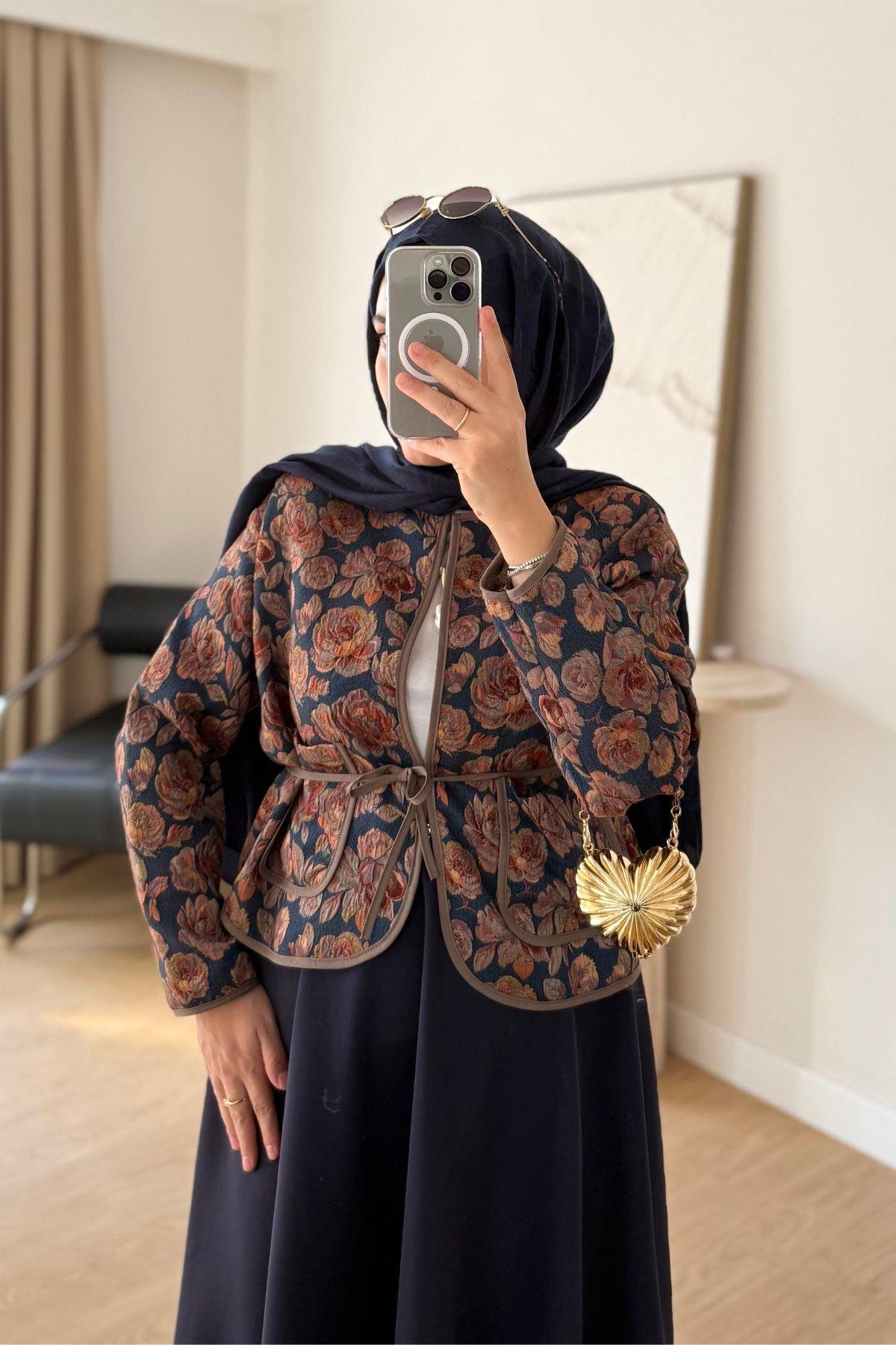 İNDİGO KİREMİT ÇİÇEKLİ KUŞAKLI  CEKET