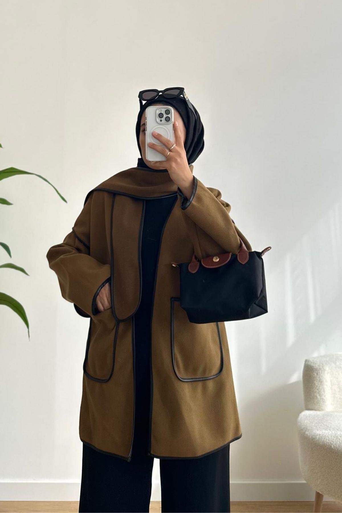 KAHVE BİYELİ ATKI DETAYLI CEKET