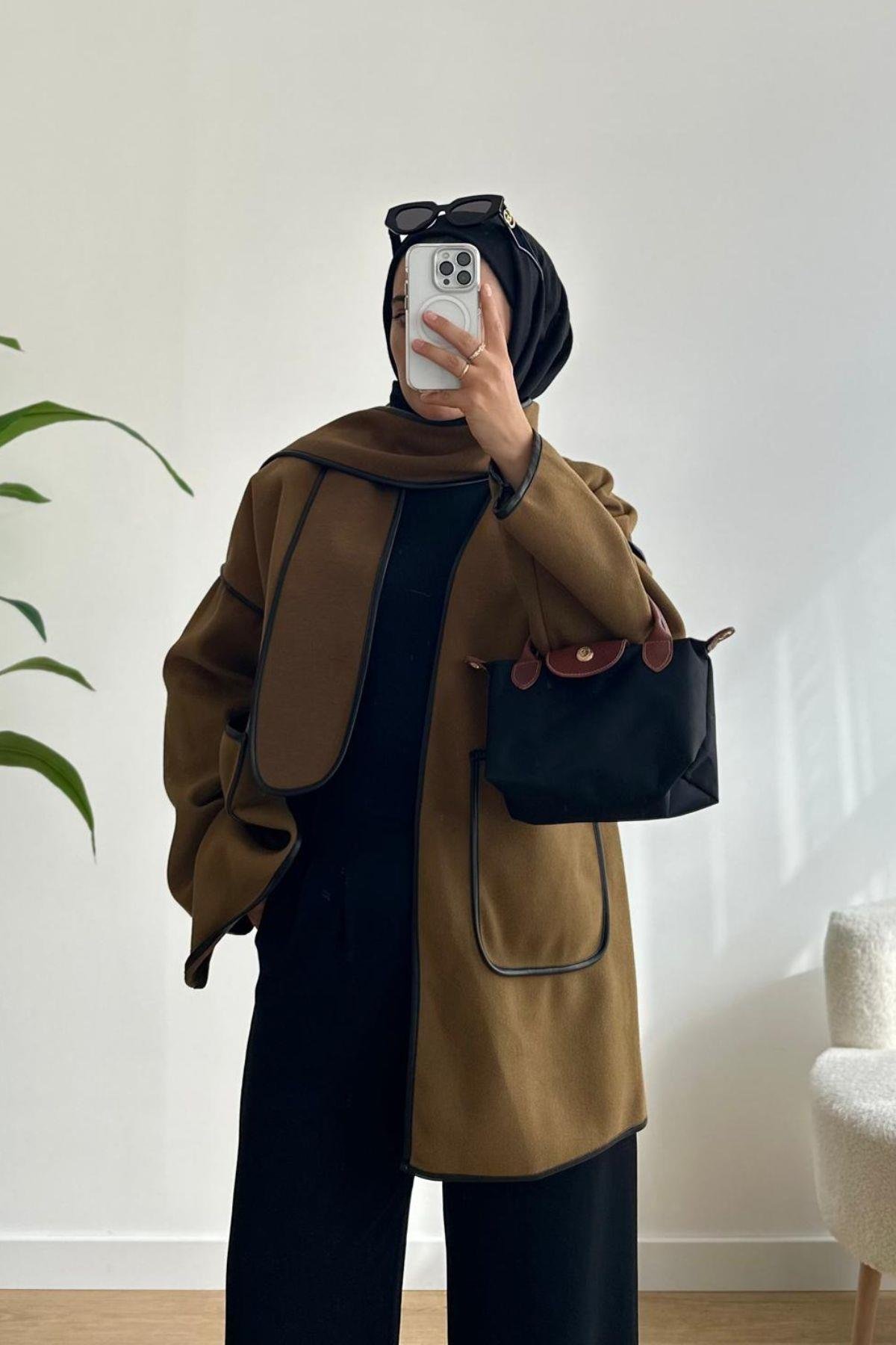 KAHVE BİYELİ ATKI DETAYLI CEKET