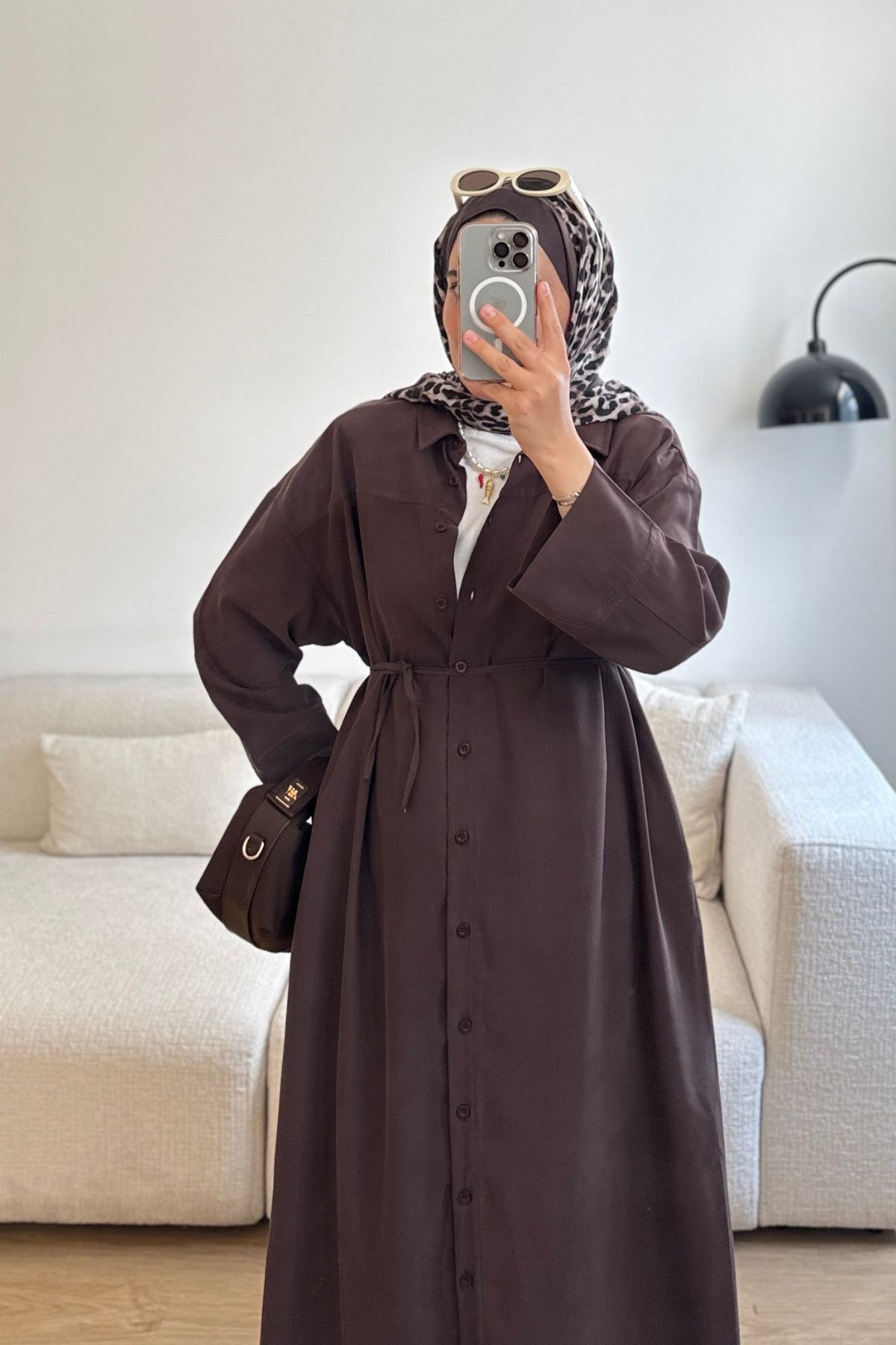 KAHVE BOYDAN DÜĞME DETAYLIELBİSE