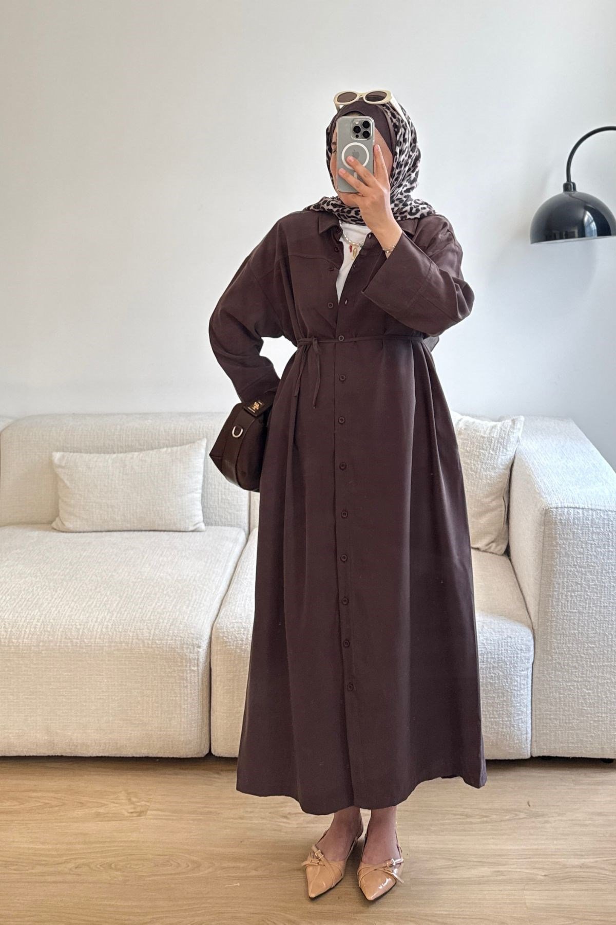 KAHVE BOYDAN DÜĞME DETAYLIELBİSE