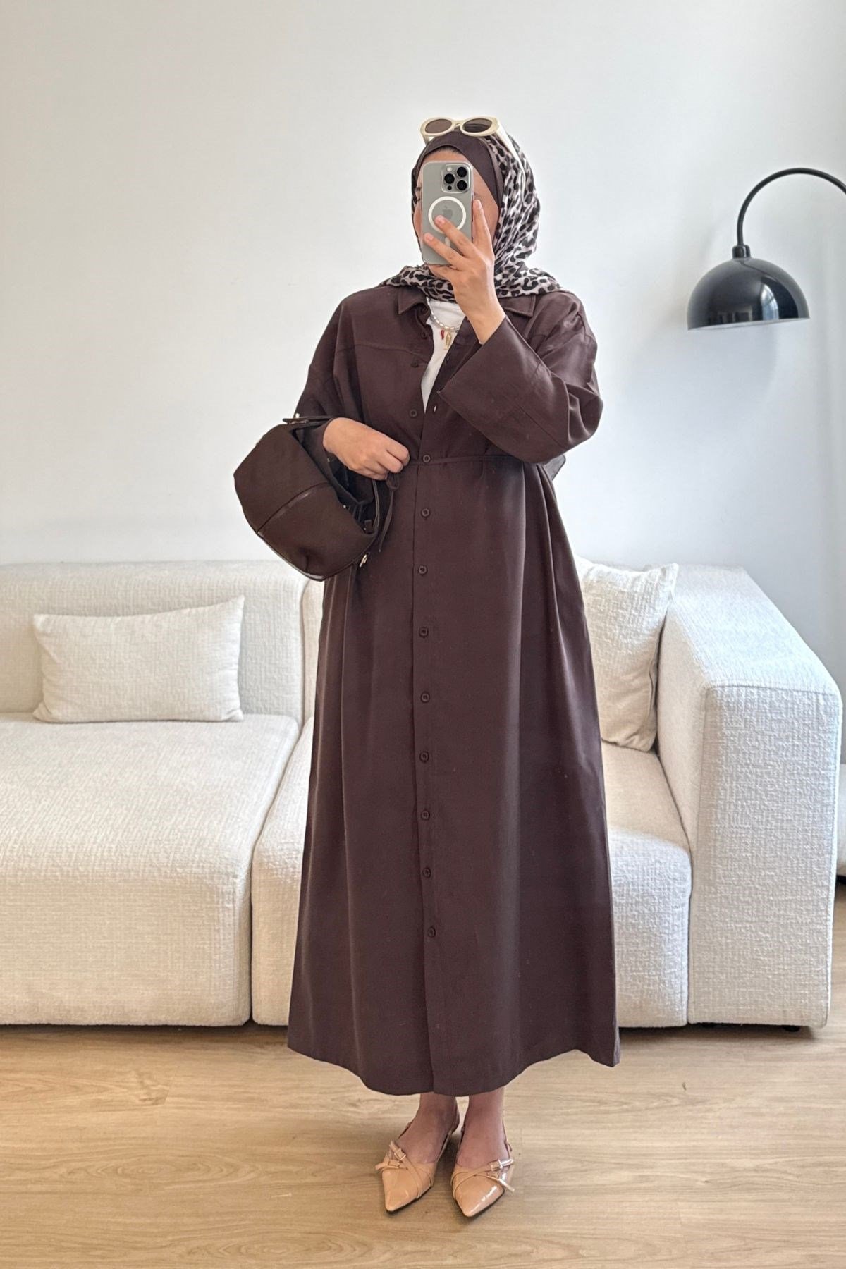 KAHVE BOYDAN DÜĞME DETAYLIELBİSE