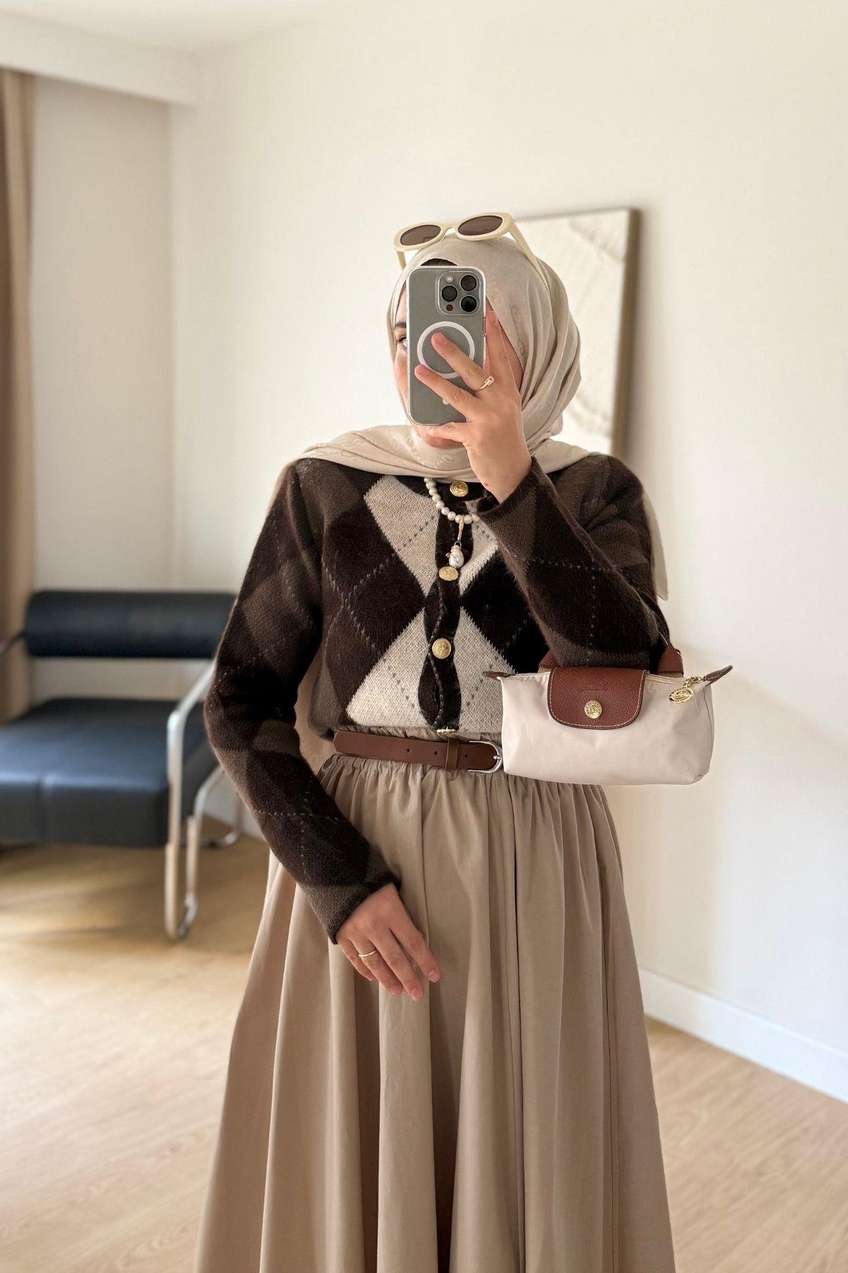 KAHVE HAKİ BAKLAVA DESENLİ HIRKA