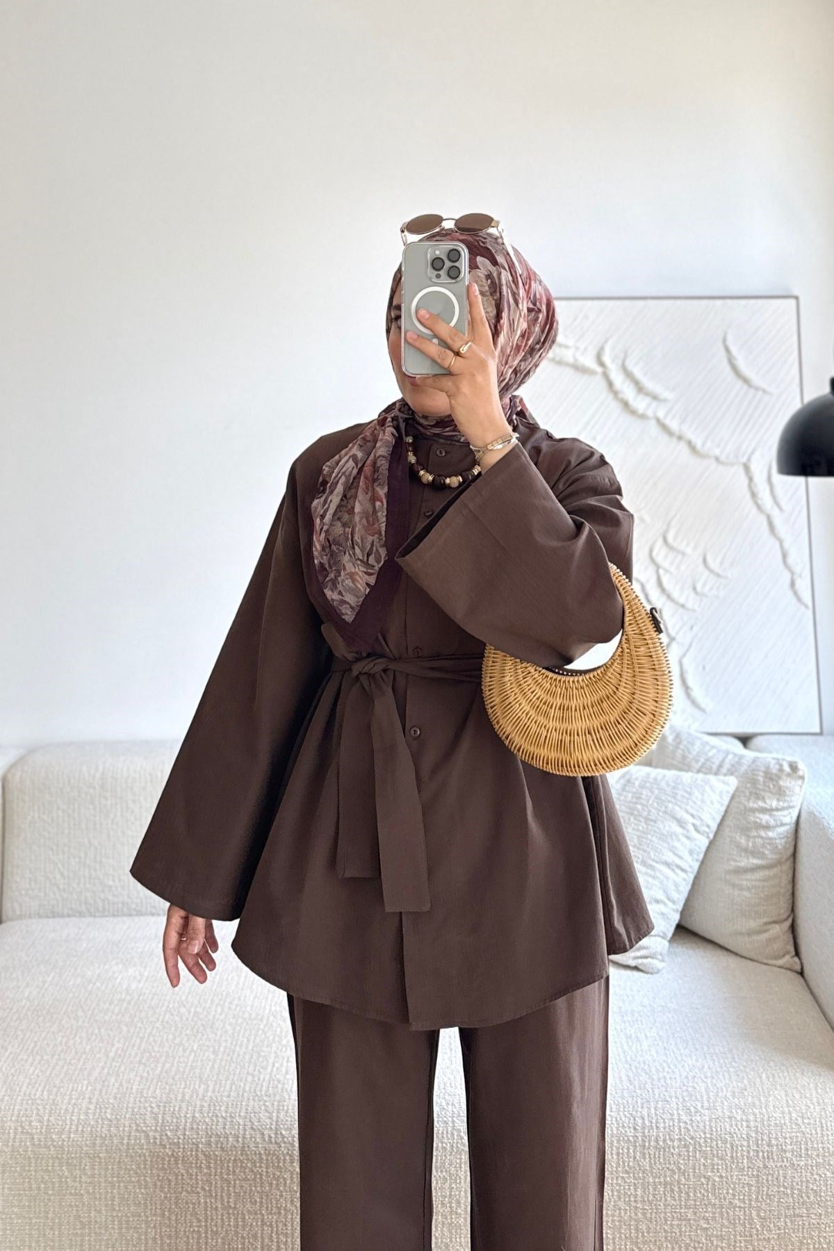 KAHVE KETEN KEMERLİ PANT TAKIM