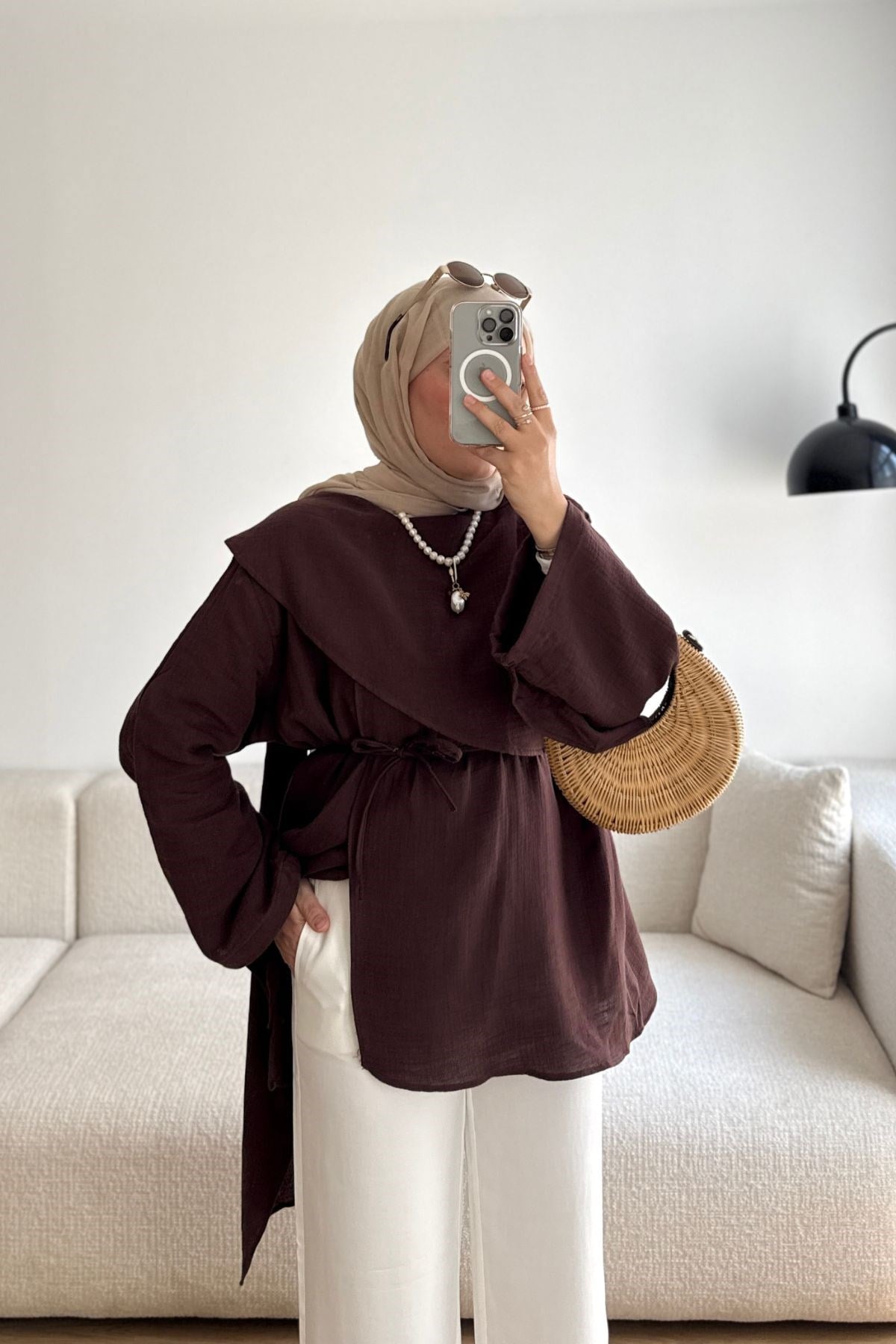 KAHVE MÜSLİNER ÖNÜ ŞALLI BLUZ 