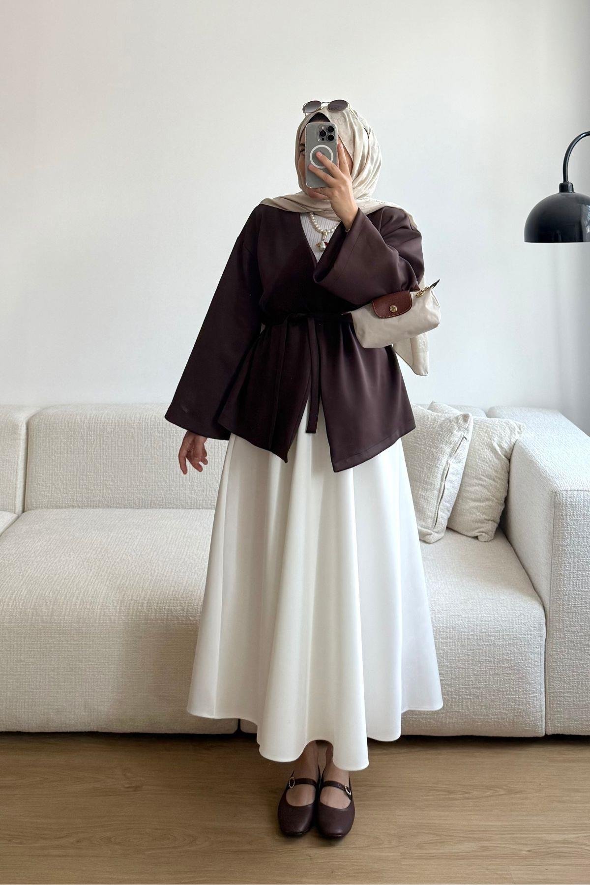 KAHVE SCUBA KUŞAKLI KİMONO