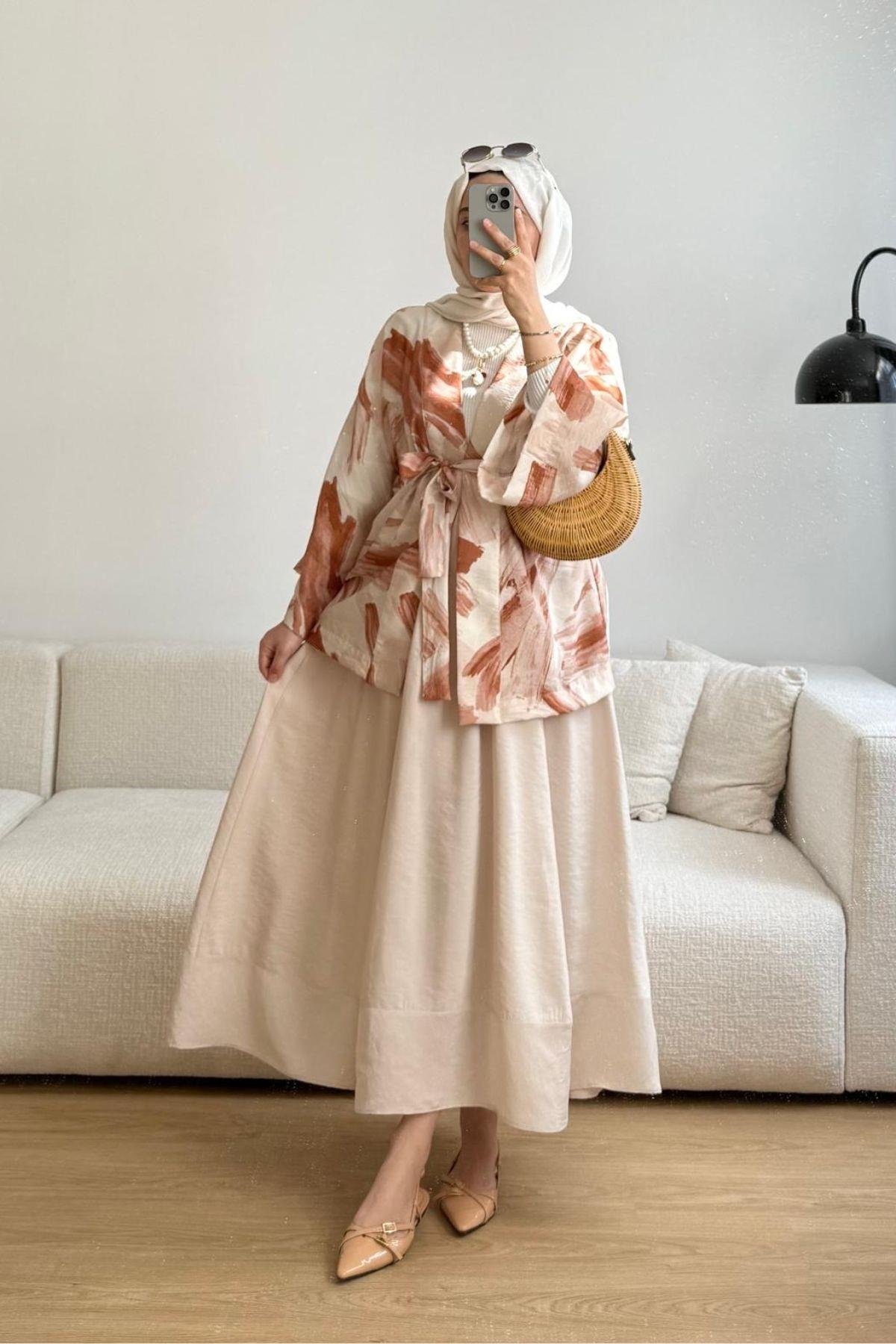 KİREMİT MANGO DESEN KİMONO