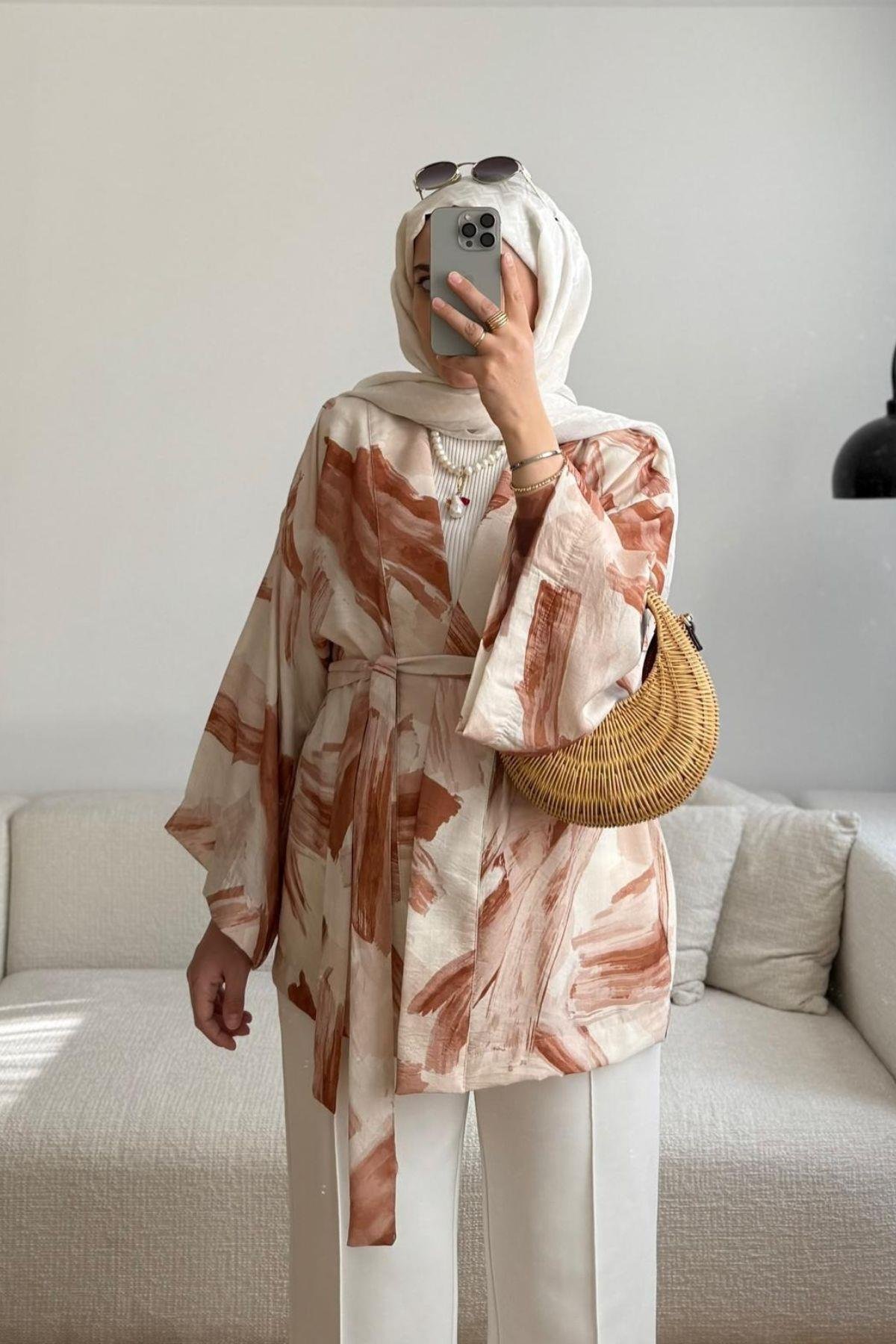 KİREMİT MANGO DESEN KİMONO