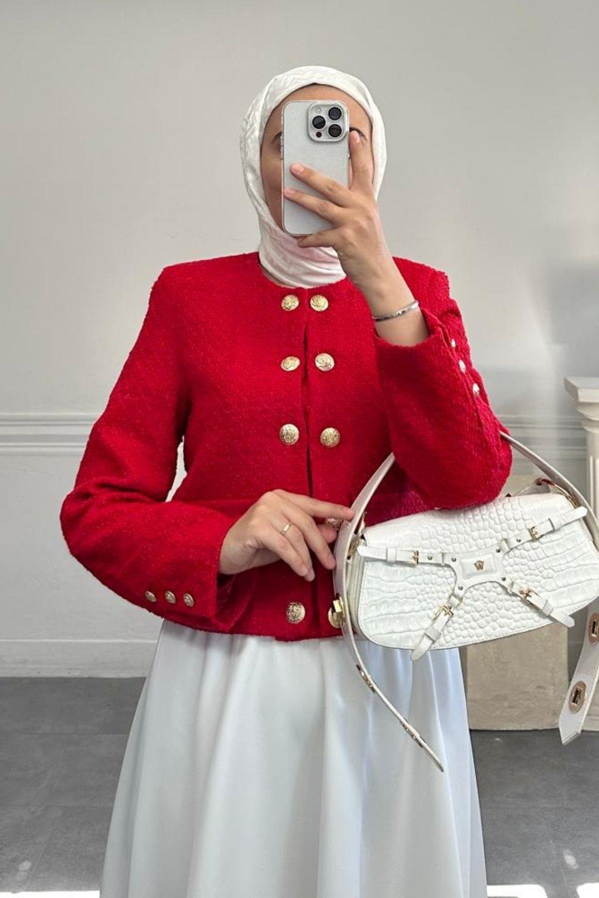 KIRMIZI GOLD DÜĞMELİ TÜVİT CEKET