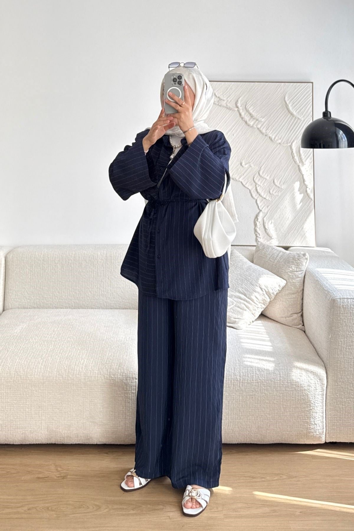 LACİVERT ÇİZGİLİ CEPLİ BAĞCIKLI PANT TAKIM