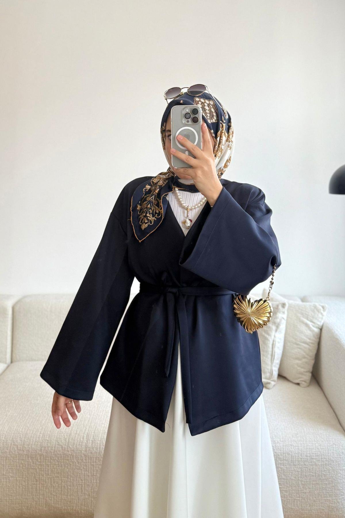 LACİVERT SCUBA KUŞAKLI KİMONO