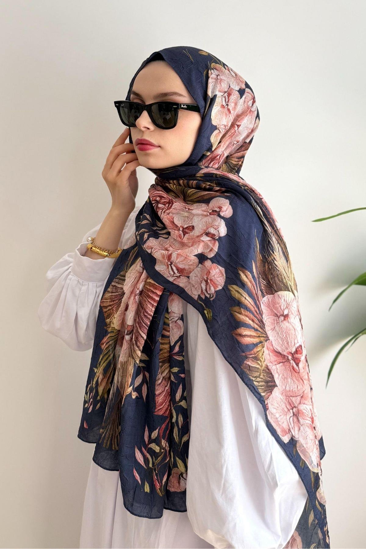 LACİVERT ŞERİTLİ PEMBE ORKİDE ÇİÇEKLİ BAMBU ŞAL