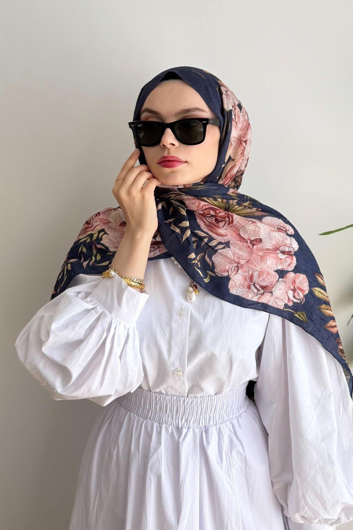 LACİVERT ŞERİTLİ PEMBE ORKİDE ÇİÇEKLİ BAMBU ŞAL