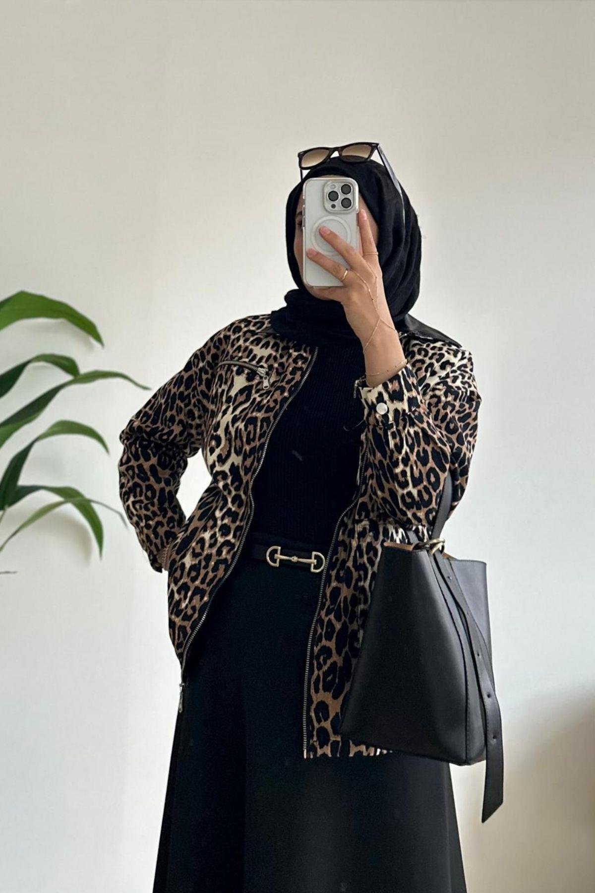 LEOPAR DESEN FERMUARLI JEAN CEKET