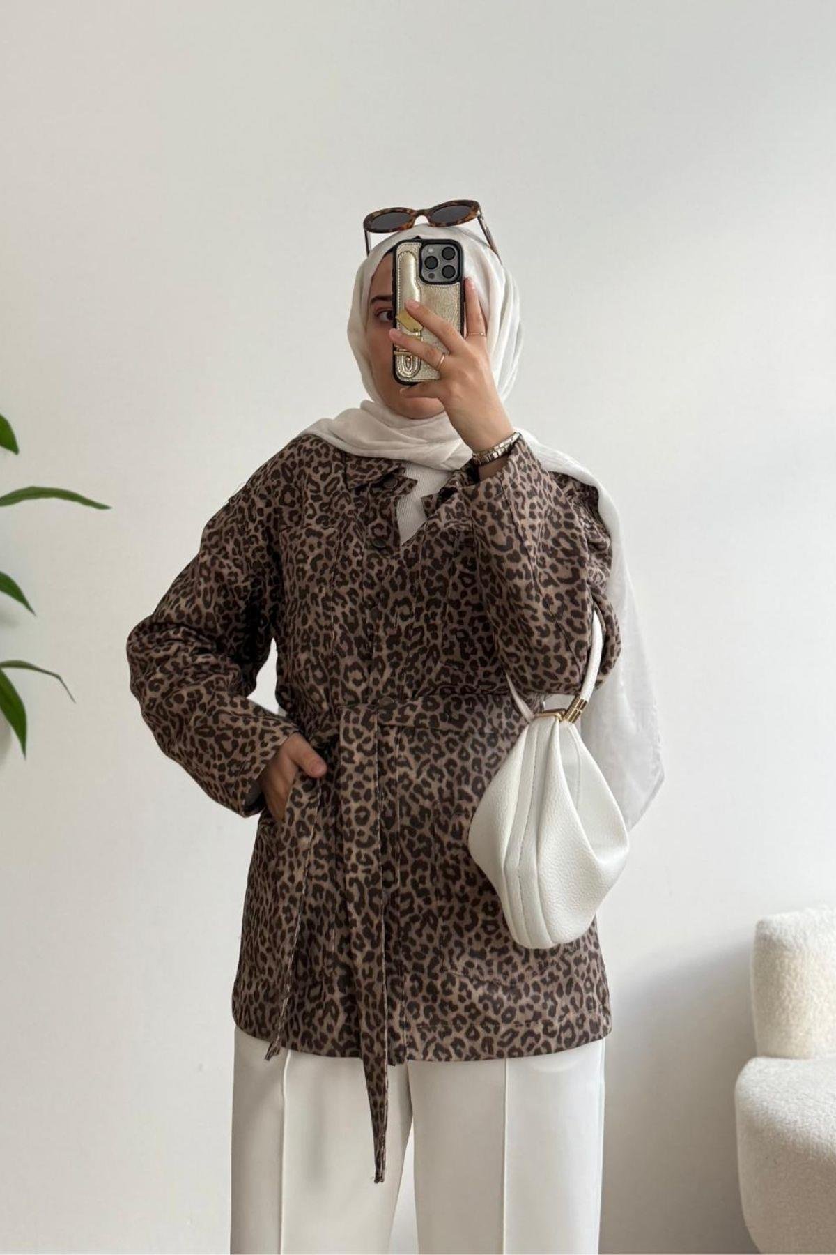 LEOPAR DESEN KEMERLİ KOT CEKET