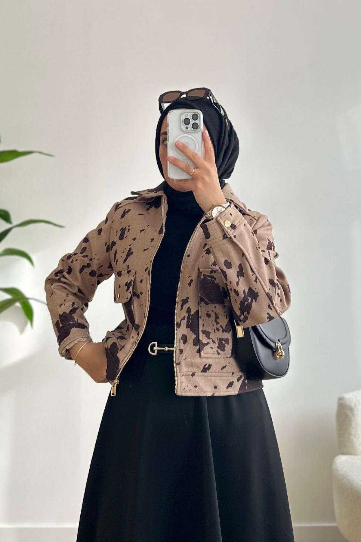 LEOPAR DESENLİ SÜET FERMUARLI CEKET