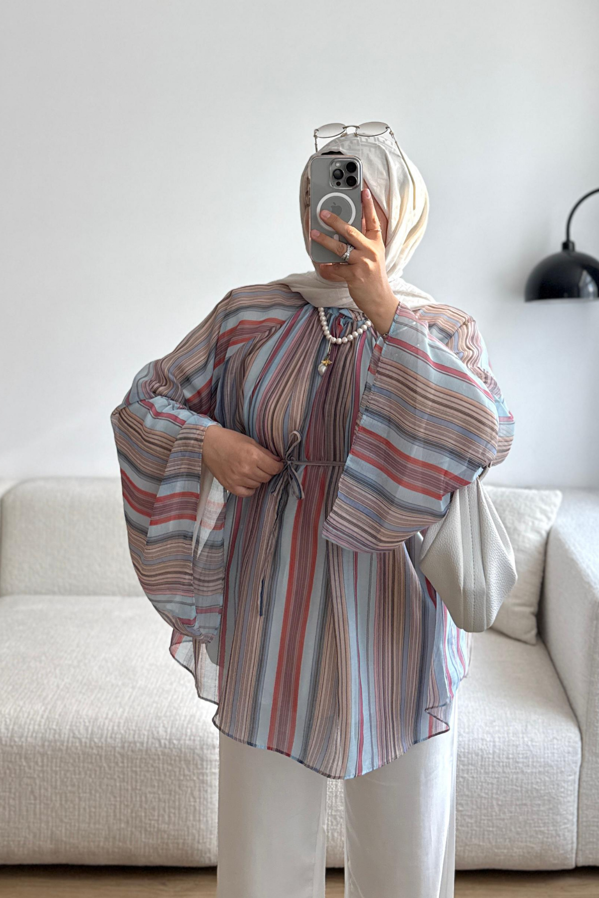 MAVİ QUFİ ÇİZGİLİ ŞİFON BLUZ