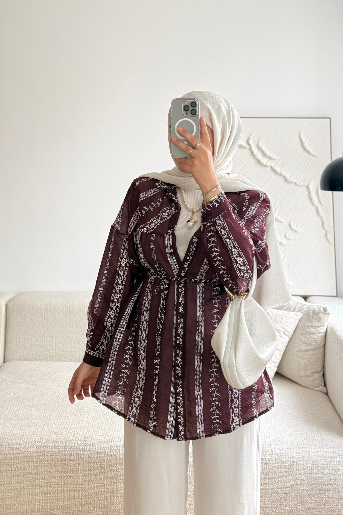 MÜRDÜM ETNİK DESEN TAŞ BASKILI GÖMLEK