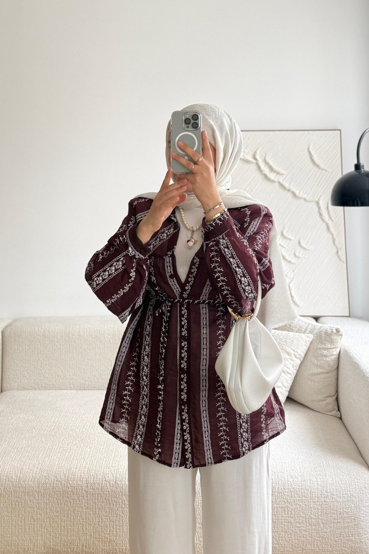 MÜRDÜM ETNİK DESEN TAŞ BASKILI GÖMLEK