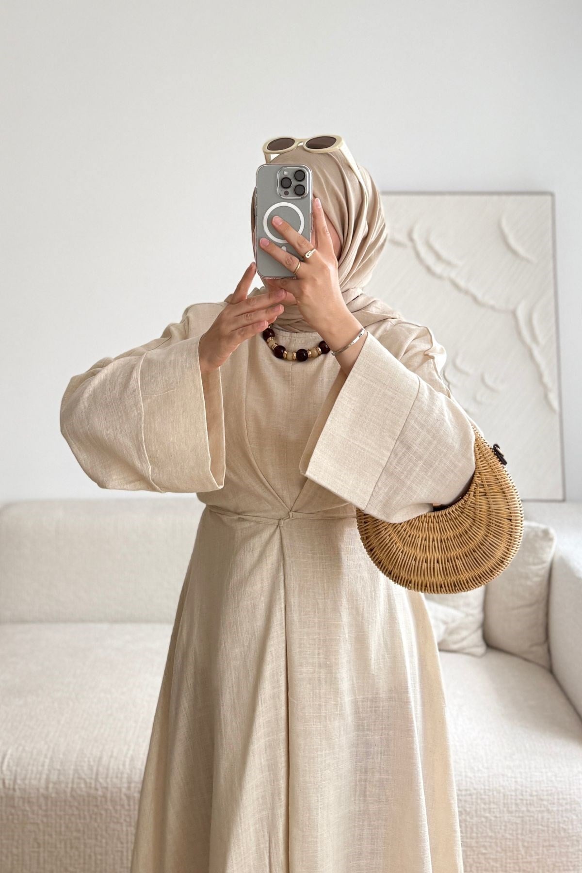 NATUREL ÇAPRAZ BİYELİ KETEN ELBİSE