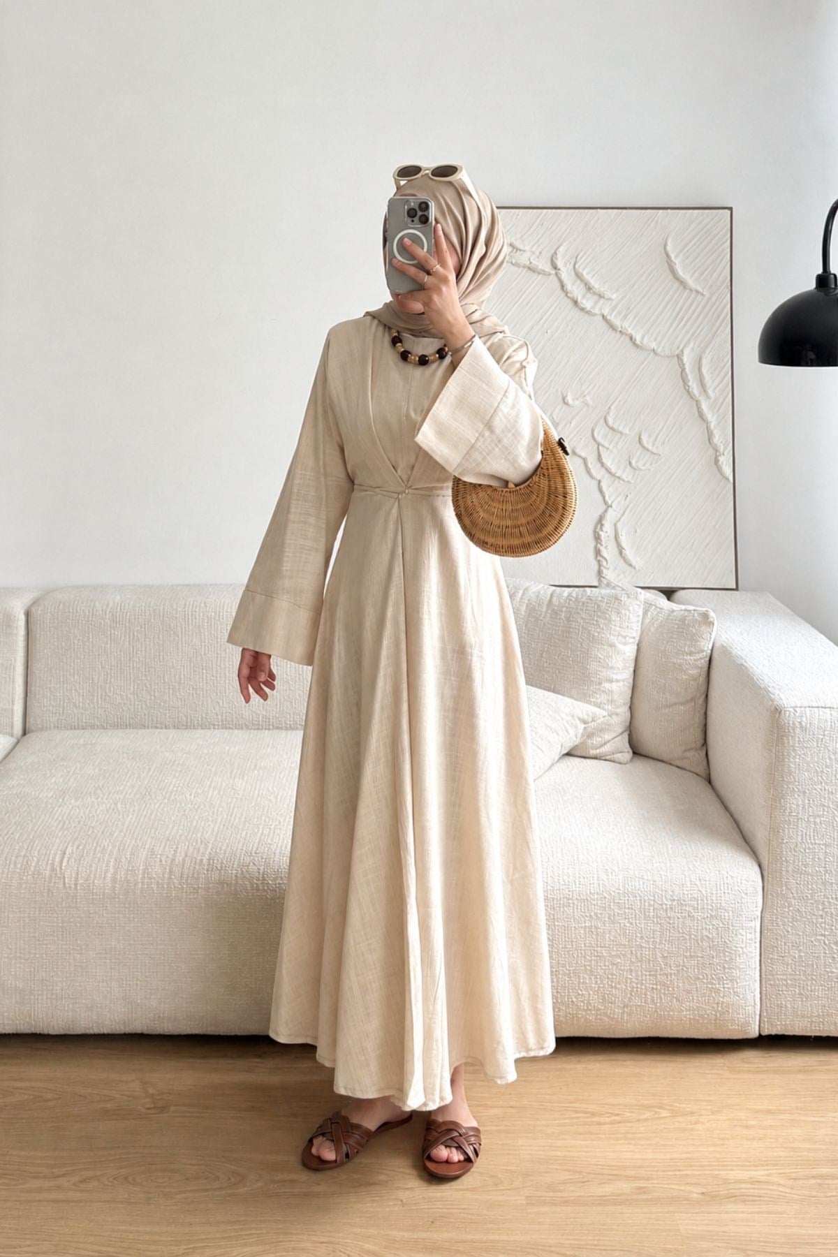 NATUREL ÇAPRAZ BİYELİ KETEN ELBİSE