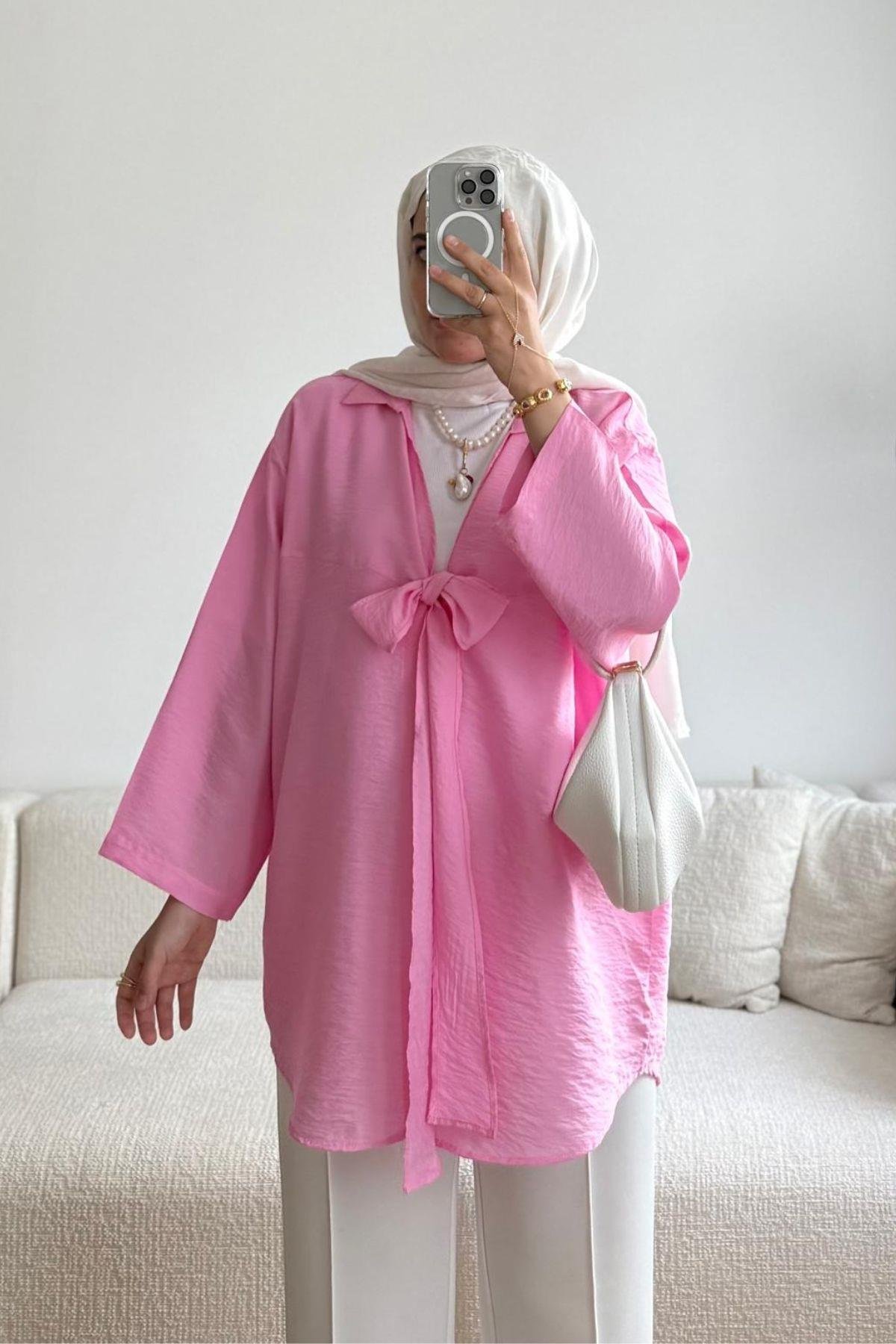 NİRVANA PEMBE ÖNÜ BAĞLAMA DETAYLI KİMONO