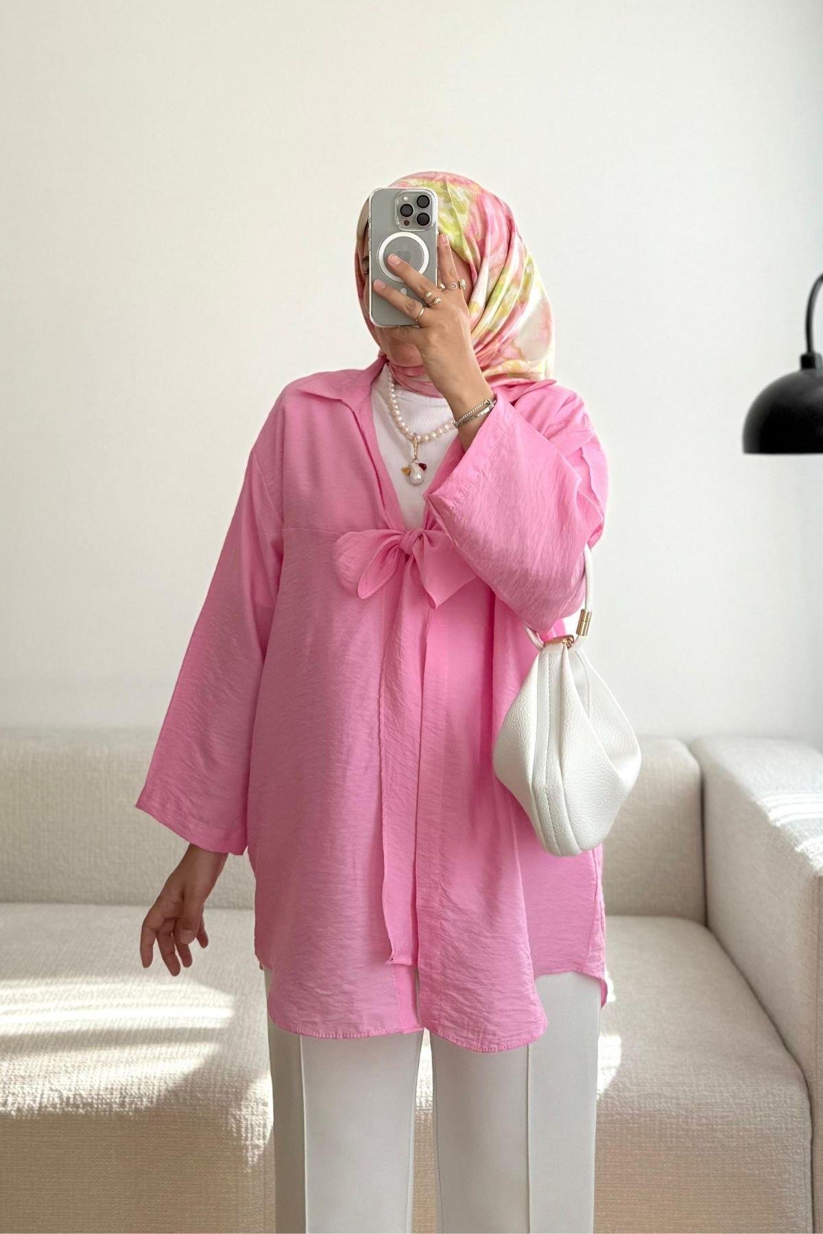 NİRVANA PEMBE ÖNÜ BAĞLAMA DETAYLI KİMONO