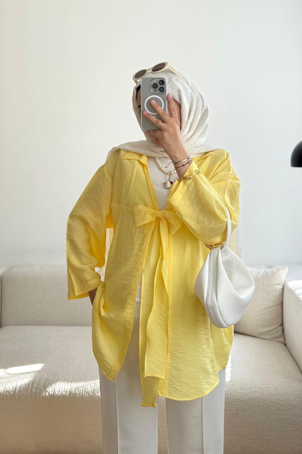 NİRVANA SARI ÖNÜ BAĞLAMA DETAYLI KİMONO