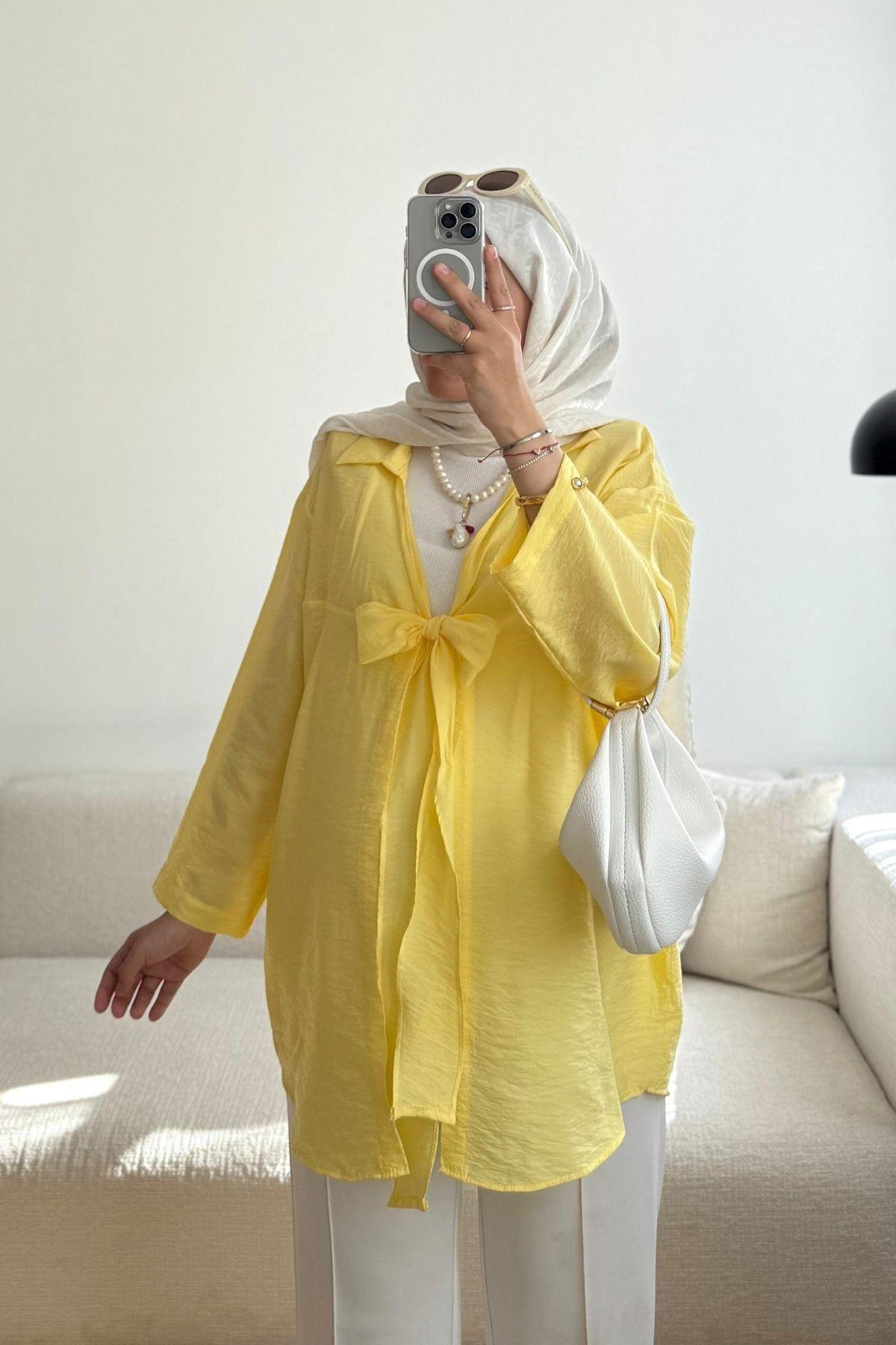 NİRVANA SARI ÖNÜ BAĞLAMA DETAYLI KİMONO