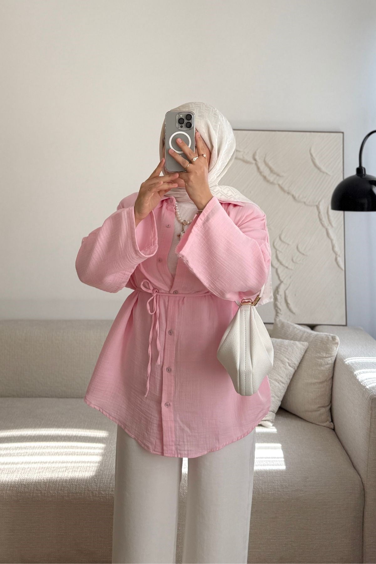 PEMBE BAĞCIKLI MÜSLİN GÖMLEK