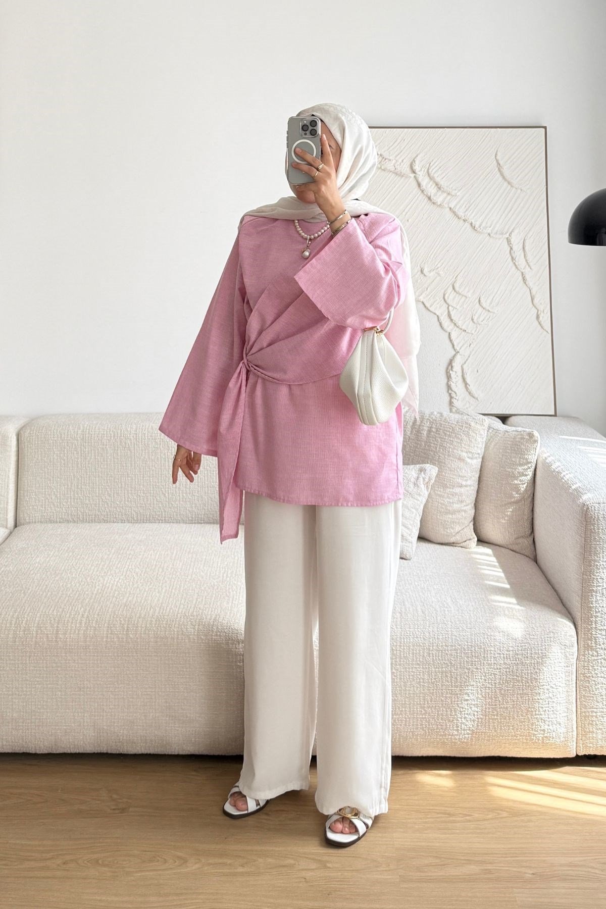 PEMBE ÇİZGİLİ KRUVAZE BAĞLAMALI TUNİK