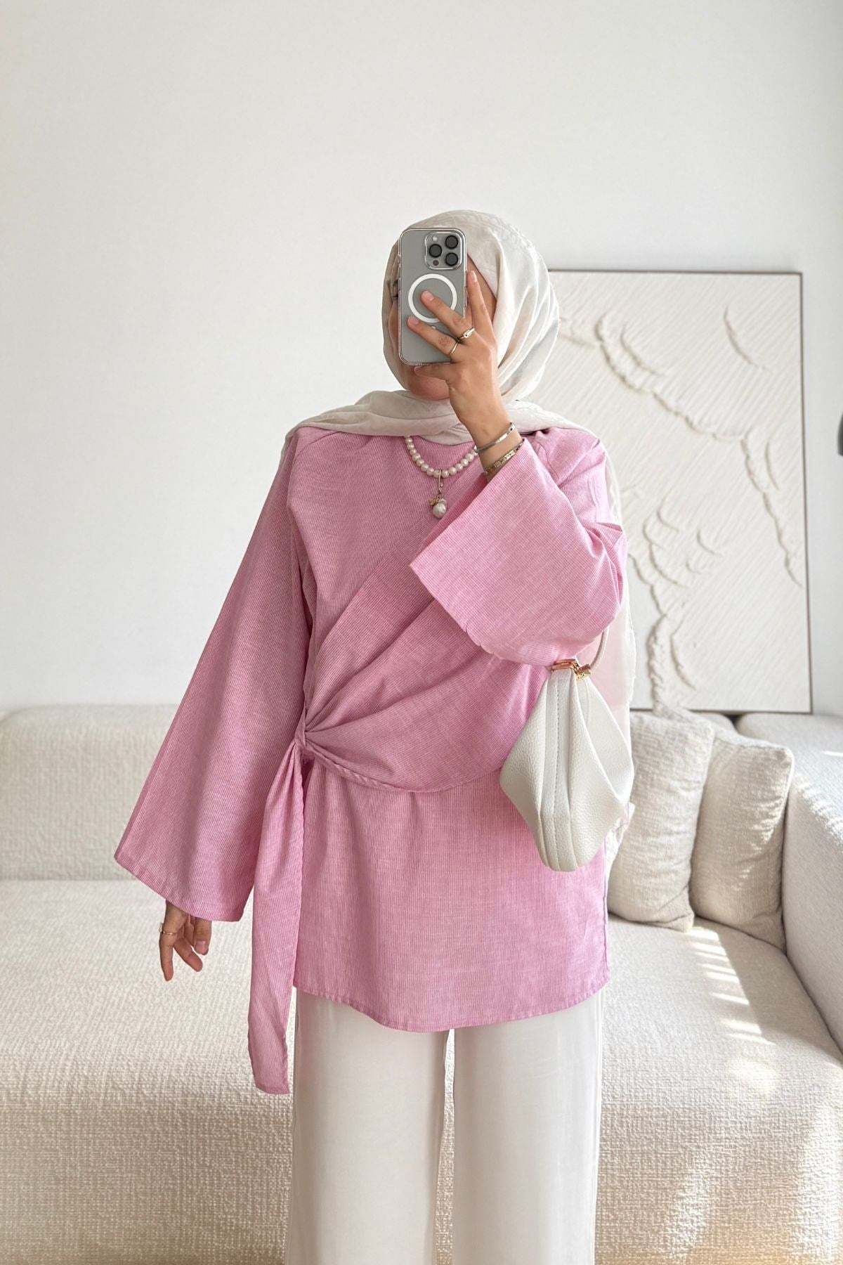 PEMBE ÇİZGİLİ KRUVAZE BAĞLAMALI TUNİK