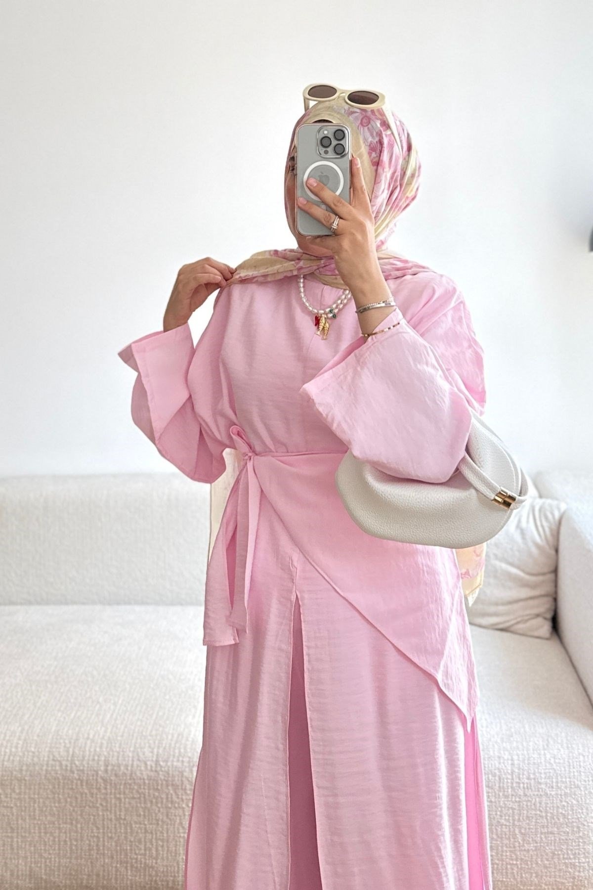 PEMBE FULARLI UZUN TUNİK