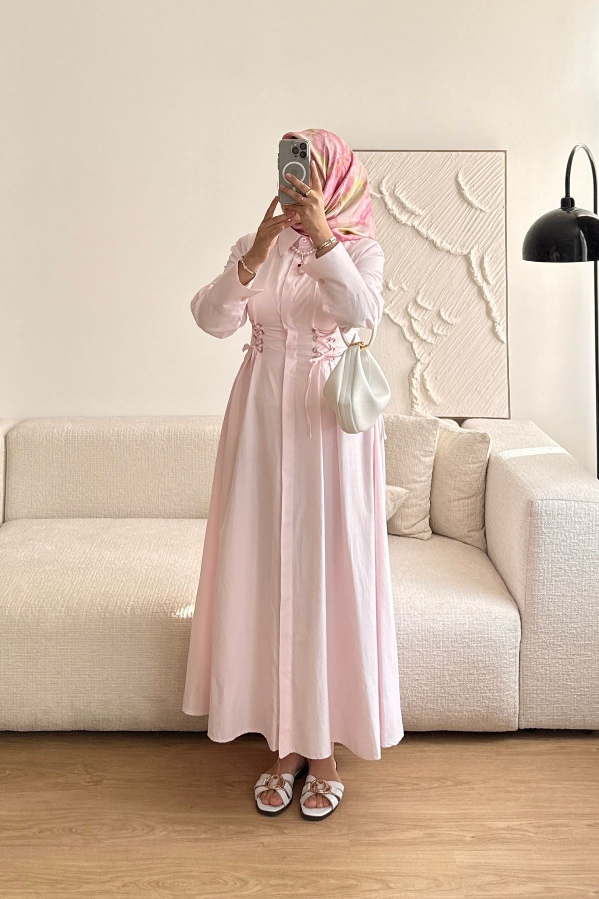 PEMBE KUŞ GÖZÜ KEMERLİ ELBİSE