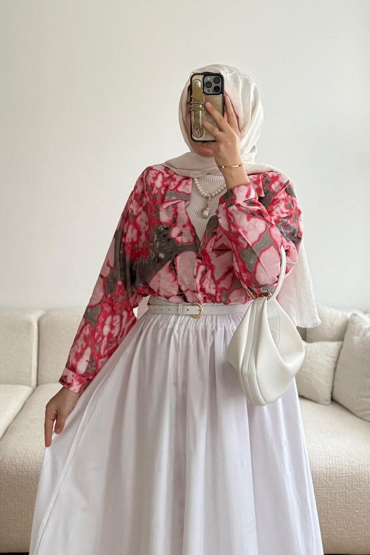 PEMBE MANGO DESENLİ GÖMLEK