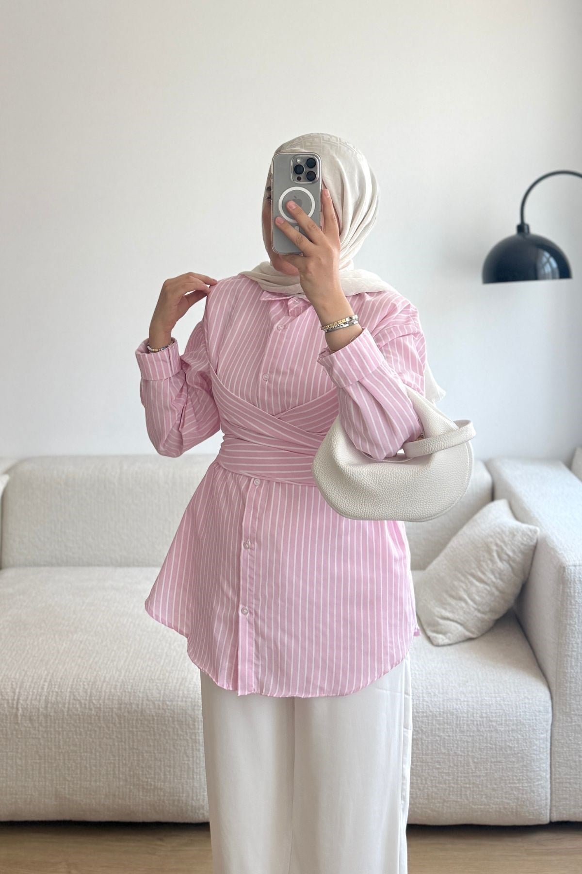 PEMBE MARJIN ÇİZGİLİ BAĞLAMALI GÖMLEK