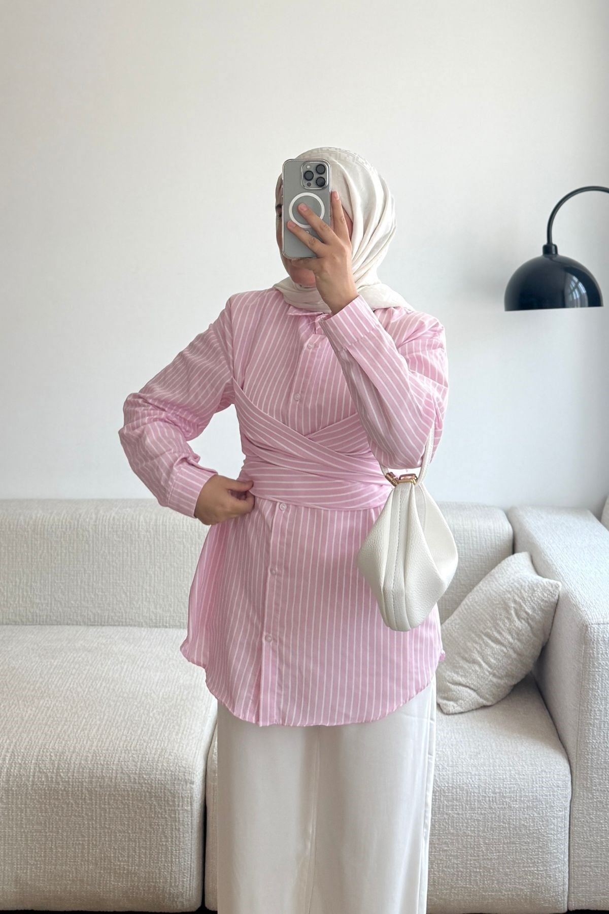 PEMBE MARJIN ÇİZGİLİ BAĞLAMALI GÖMLEK