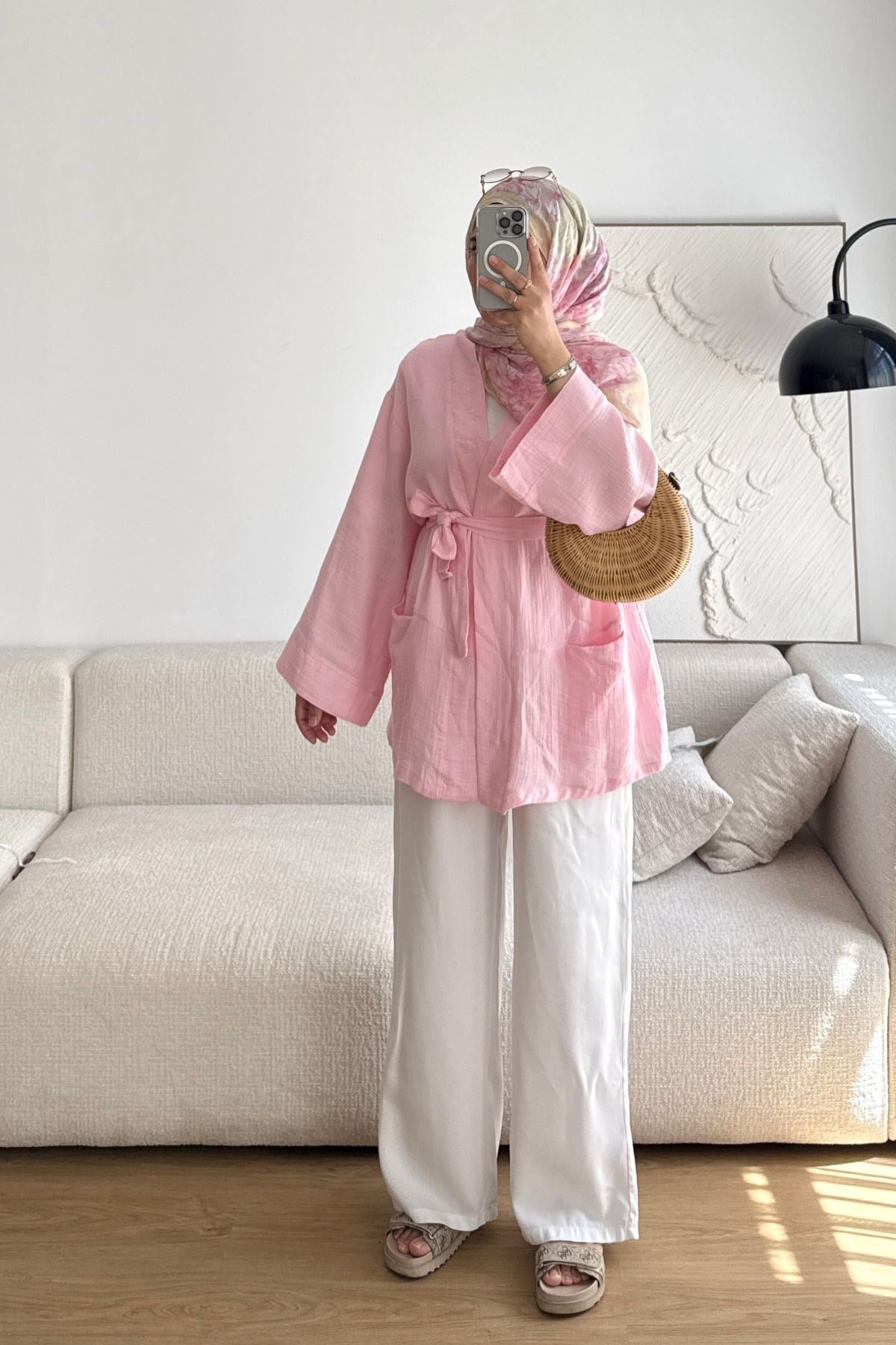 PEMBE MÜSLİN KEMERLİ KİMONO