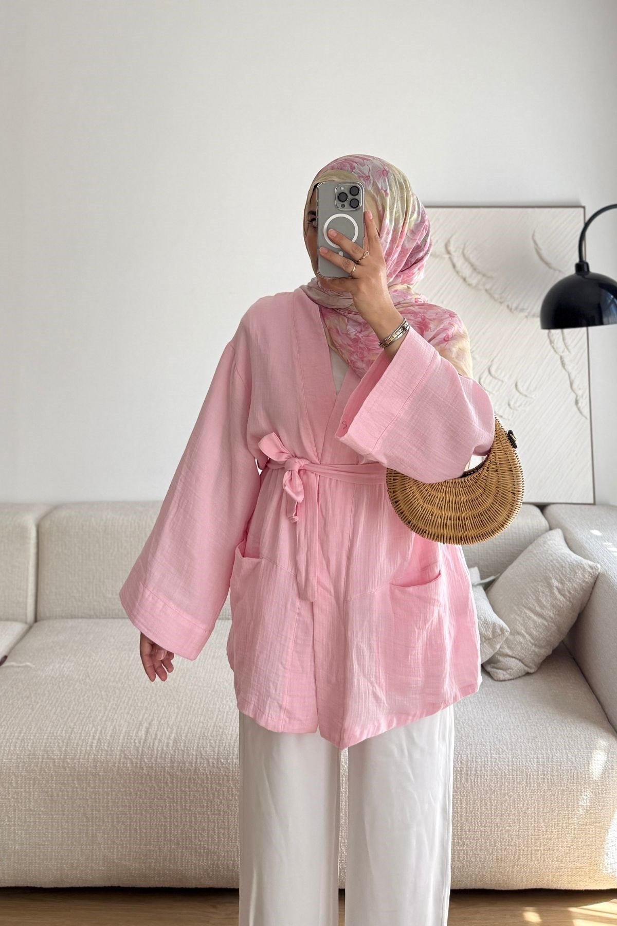 PEMBE MÜSLİN KEMERLİ KİMONO