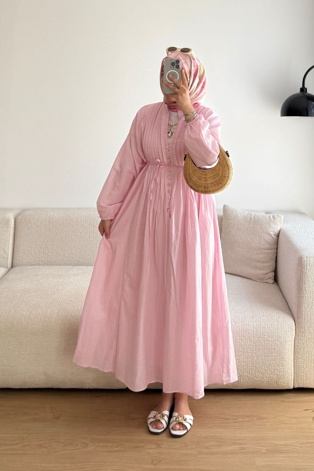 PEMBE ÖNÜ PİLE DETAYLI ELBİSE 