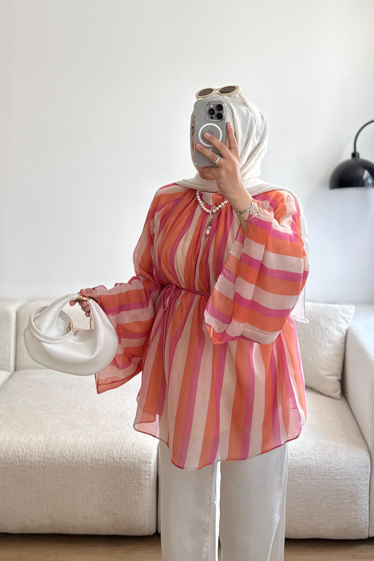 PEMBE QUFİ KALIN ÇİZGİLİ ŞİFON BLUZ