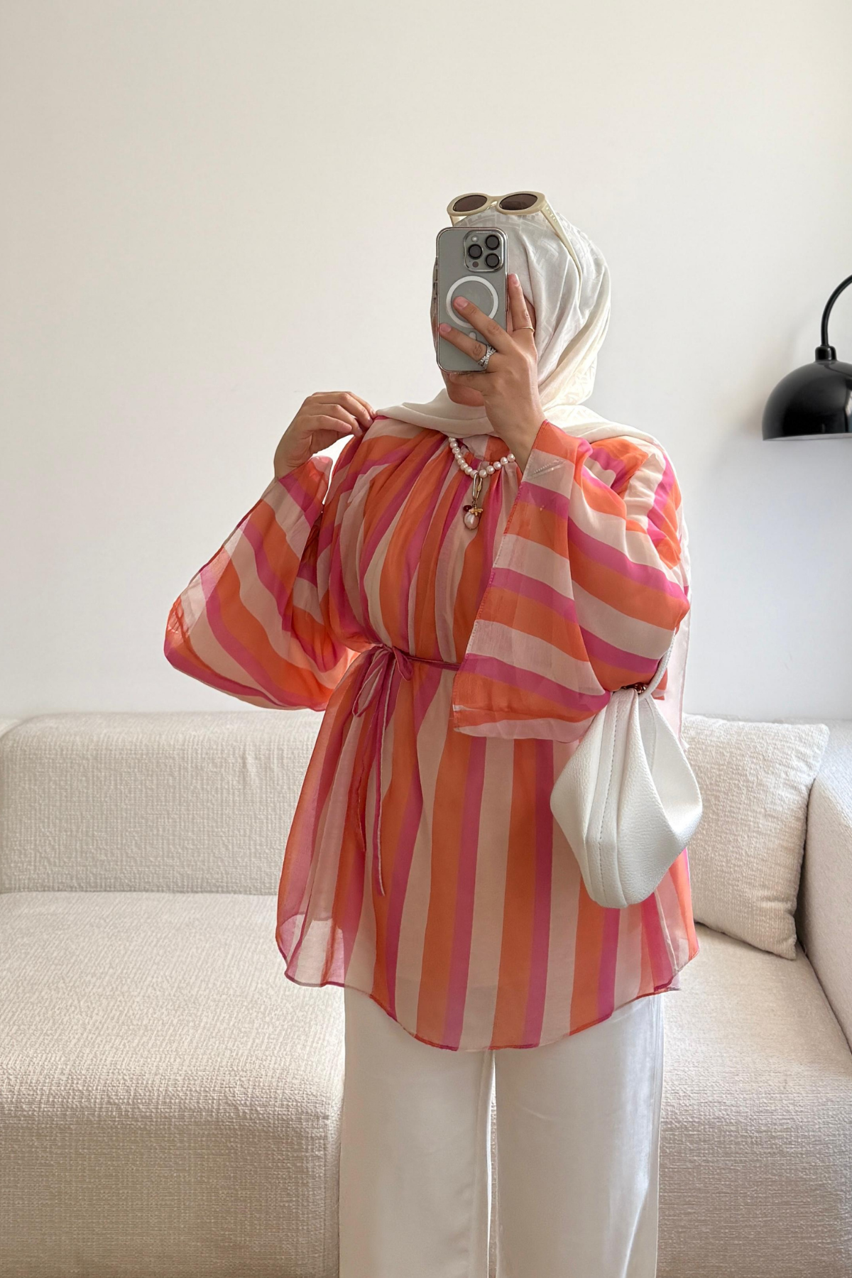 PEMBE QUFİ KALIN ÇİZGİLİ ŞİFON BLUZ