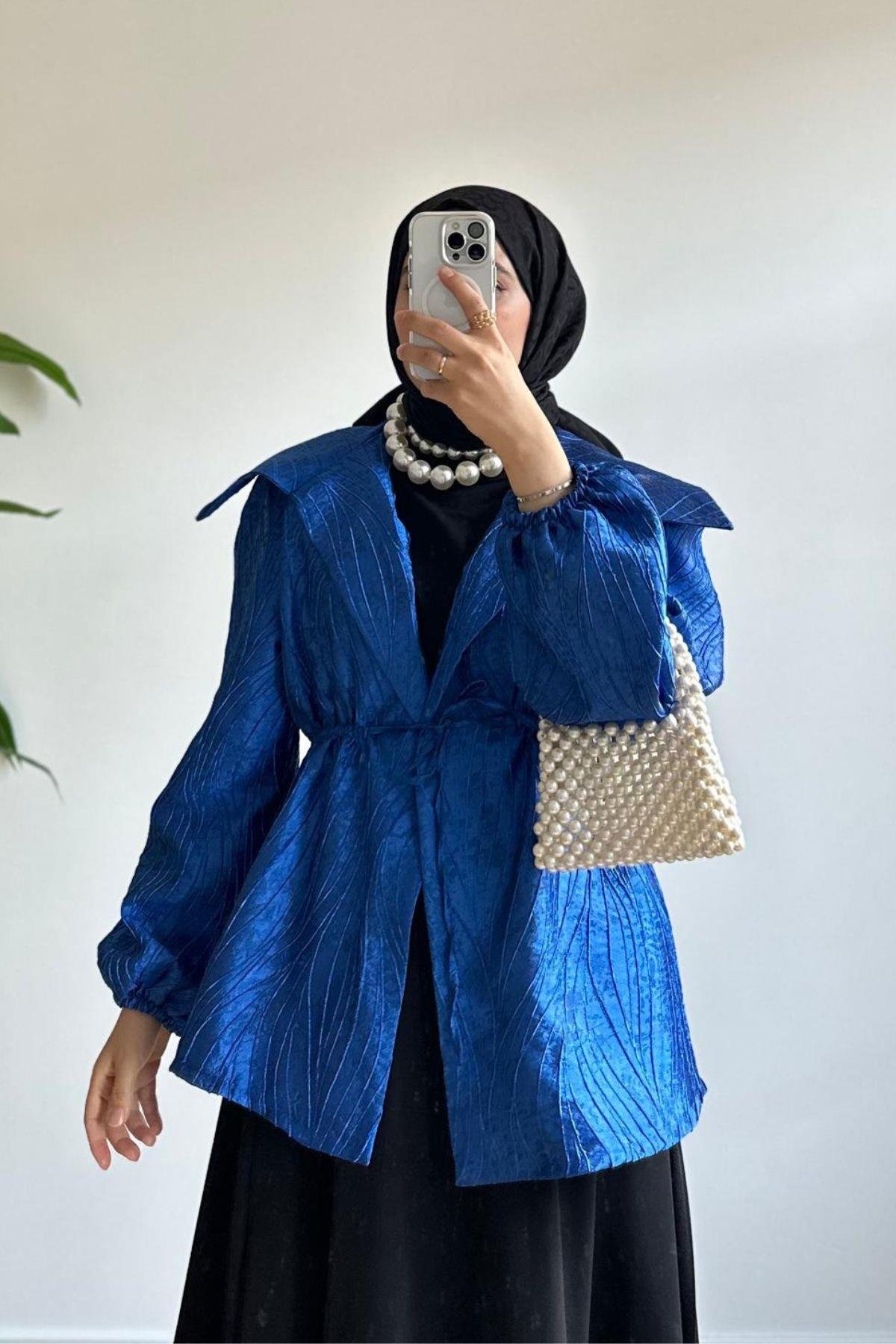 SAKS MAVİ JAKARLI CEKET